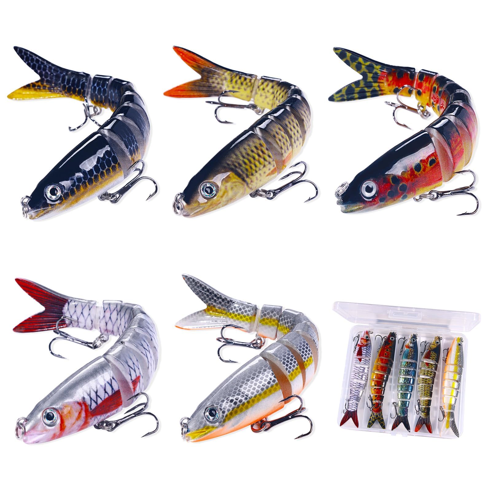 Fishing Lures for Bass Trout, 5Pcs Multi Jointed Swimbaits Lifelike Pike Swimbait for Freshwater Saltwater, Segmented Pike Bait with Hooks, Slow Sinking, Family Fishing Gift for Anglers