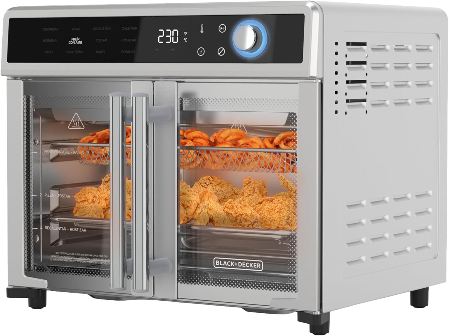 Black+Decker Crisp 'n Bake Air Friteuse Broodrooster Ovencombinatie, 12 in 1 Convectieoven aanrecht kookt snel voedsel, past op een hele pizza of 6 plakjes toast, Franse deuren met roestvrijstalen afwerking