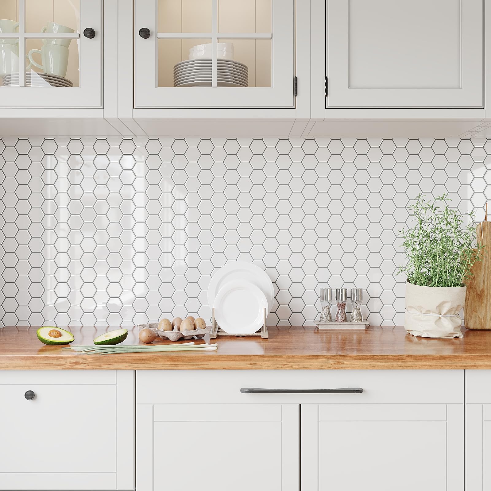 VEELIKE Azulejos Adhesivos 3D Moderno Blanco Hexágono para Baño y Cocina - Vinilo Baldosas Adhesivas Pared Impermeable 30.5cm×30.5cm 24 Piezas