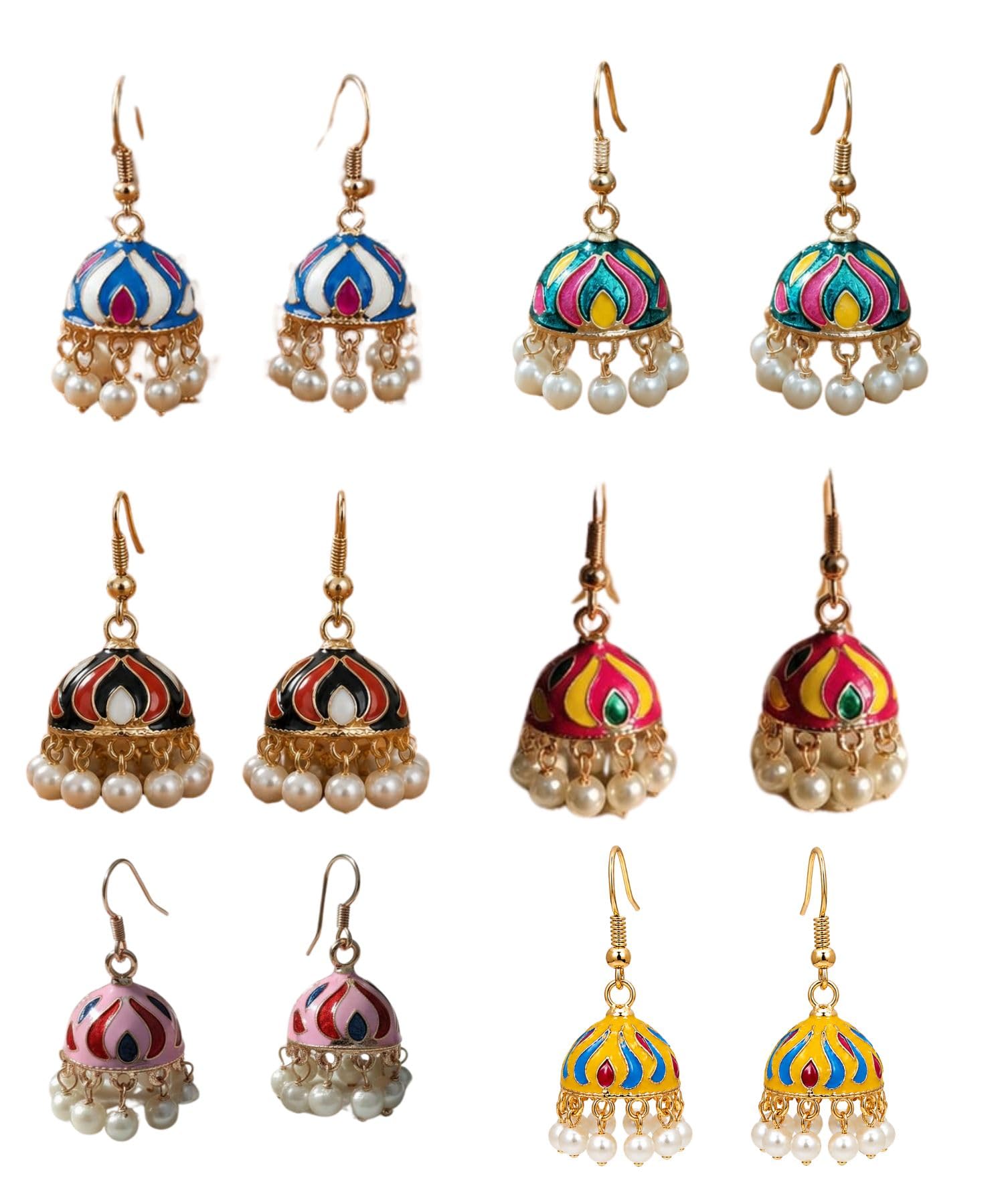 Traditional Meenakari Jhumka Earrings for Women Multicolor Enamel Dome Earrings with Pearl Drop Tassels Lightweight Ethnic Dangle Earrings Combo for Festive Use (Set of 6)-picture-14