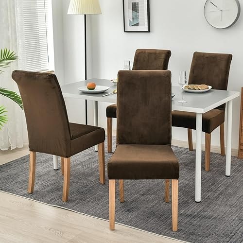 Miniatura 10 de Juego de 4 fundas de terciopelo para sillas de comedor y 6, fundas elásticas para sillas grandes de comedor, fundas suaves para asientos de sillas
