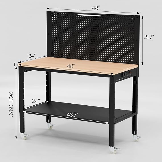 Antifir 48 Adjustable Garage Workbench with Under Shelf & Metal Pegboard