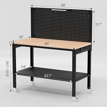 Antifir 48 Adjustable Garage Workbench with Under Shelf & Metal Pegboard