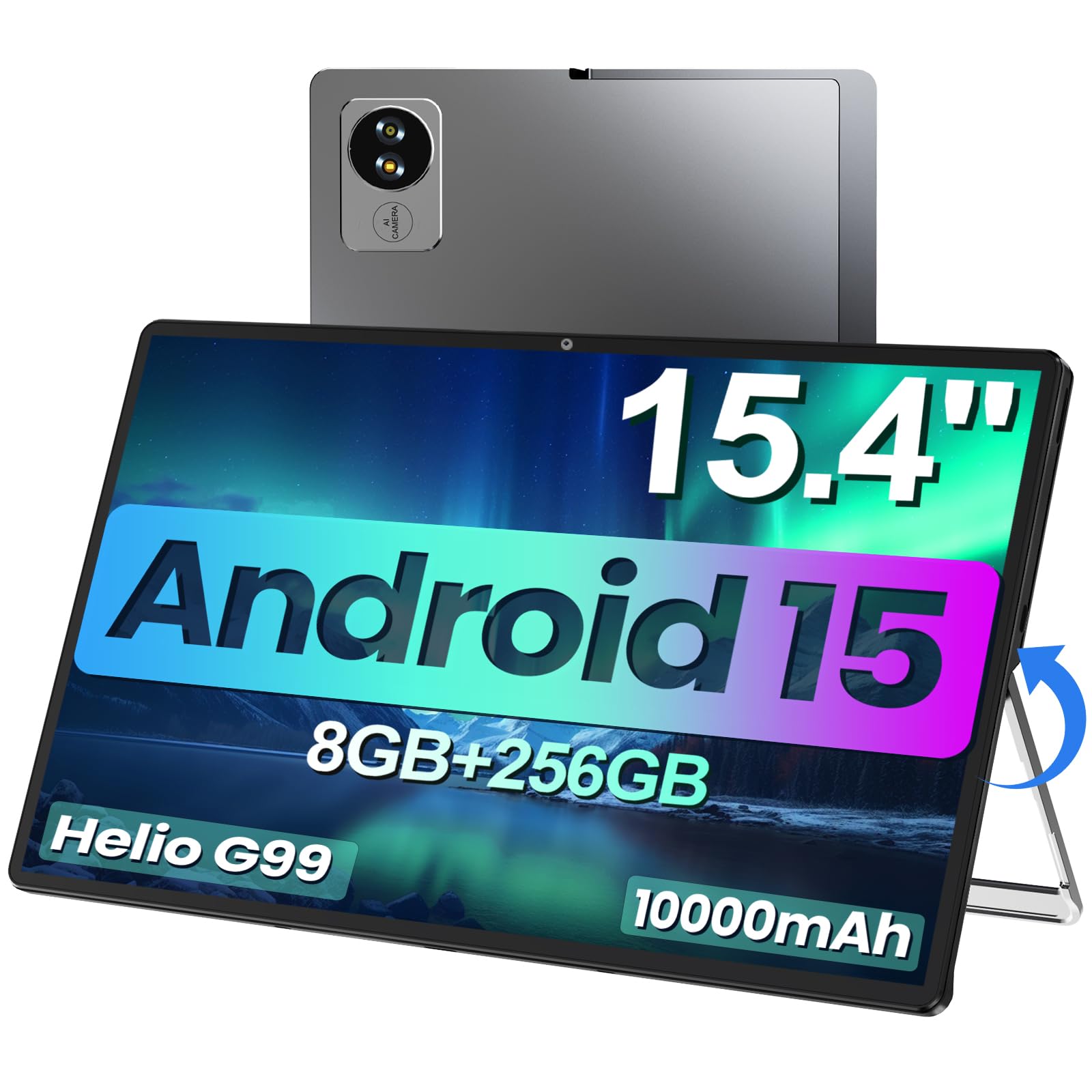 Tableta jumper de 15,4 pulgadas, tableta Android 15 con procesador Helio G99 Octa-Core (Beat Unisoc T616), pantalla IPS FHD 1080P, 8 GB de RAM, 256 GB de ROM, 10000 mAh, WiFi 2.4G/5G, BT5.0, con protector de pantalla, soporte