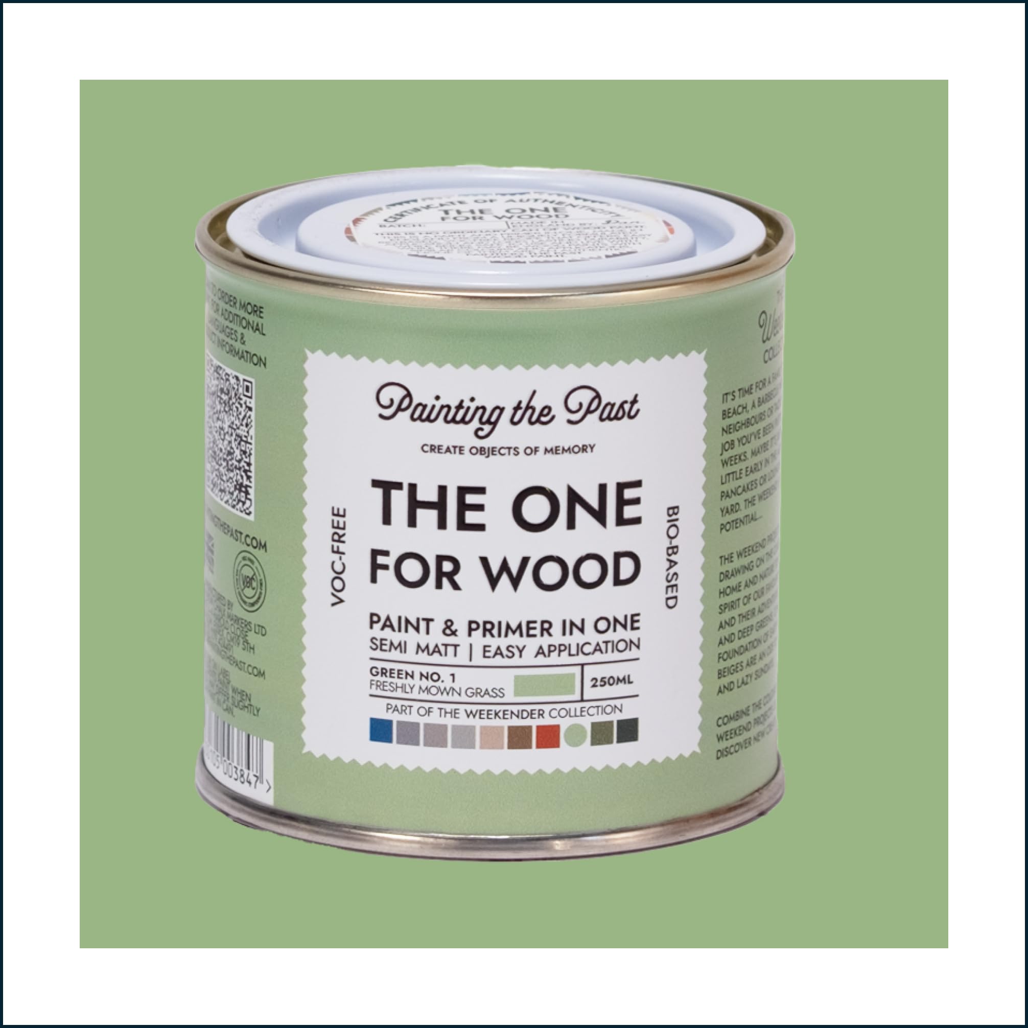 The One for Wood Paint & Primer 250ml Green No. 1 Freshly Mown Grass | Semi Matt Finish, Bio-Based & VOC-Free Formula for Wooden Furniture & Surfaces | Durable & Easy Indoor Home Decorating