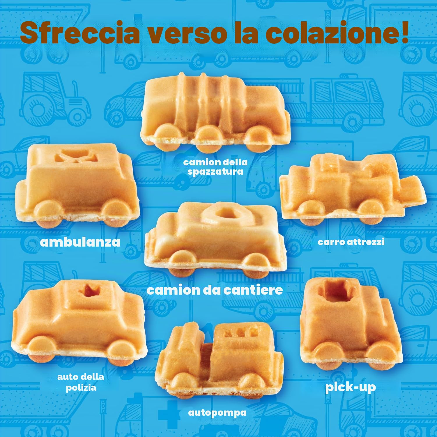 Cars & Trucks - Mini macchina per waffle – per realizzare 7 diversi veicoli, auto della polizia, camion dei pompieri, camion e pancake a forma di automobile, ferro elettrico antiaderente con guida