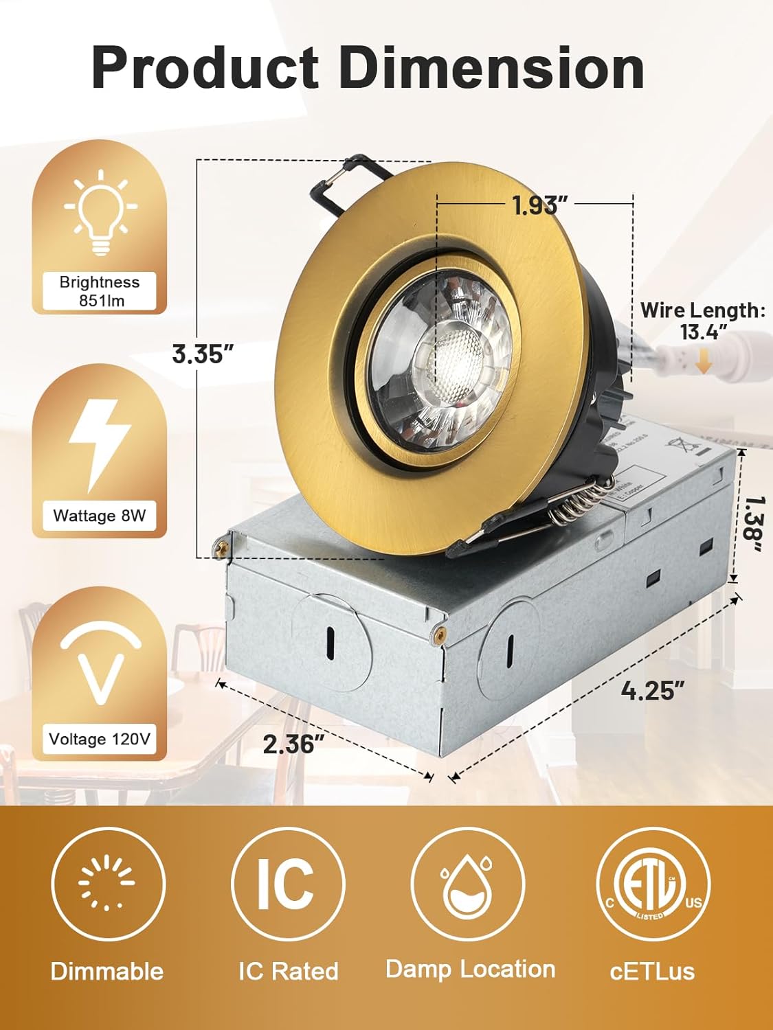 POPANU Matte Gold Premium 3-Inch Gimbal LED Recessed Light Canless Downlight Rotatable Spotlight with Junction Box, Eyeball Ceilling Potlight, Dimmable, 8W 5CCT Adjustable, Matte Gold Trim, 12 Pack