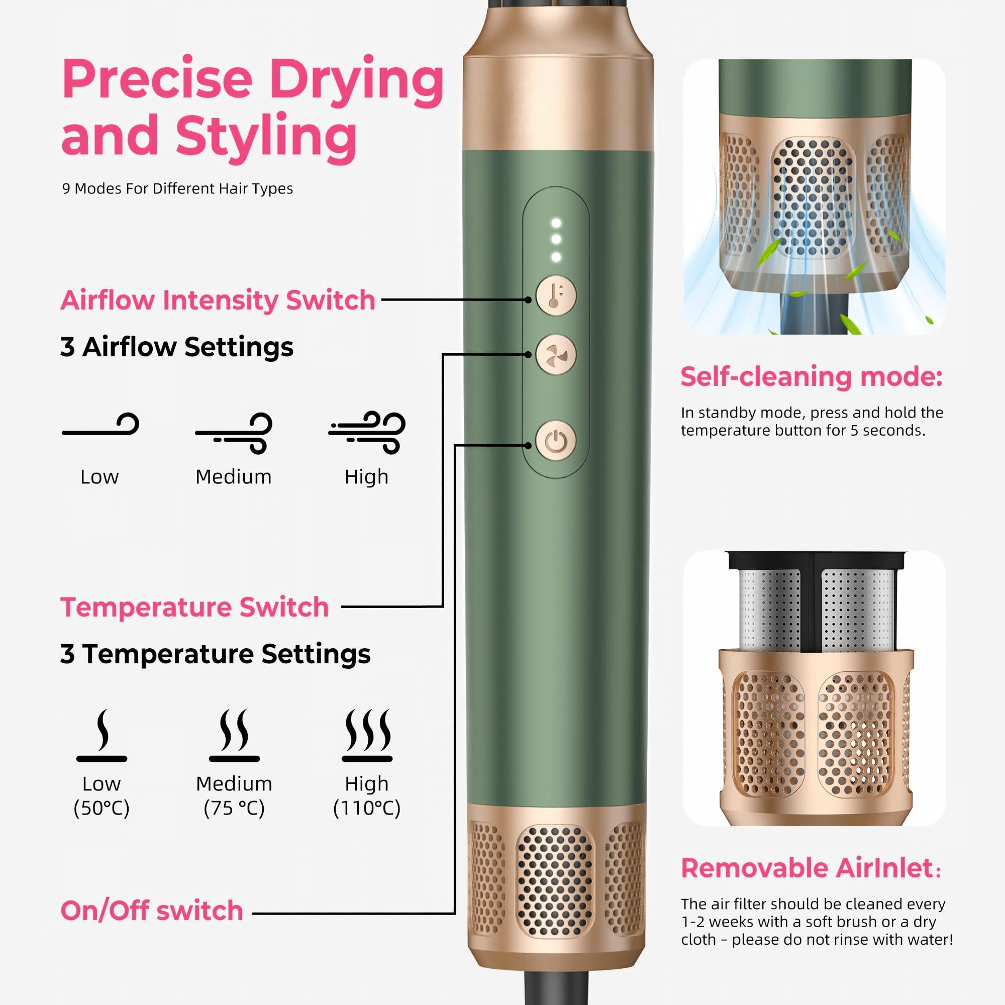 Hair Dryer Brush Airstyler 7 IN 1, 1400W Ionen Haartrockner | Stylingbürsten, Rundbürsten föhn, Haarglätter Bürste, Volumenbürste, Lockenstab, Föhn Diffusor