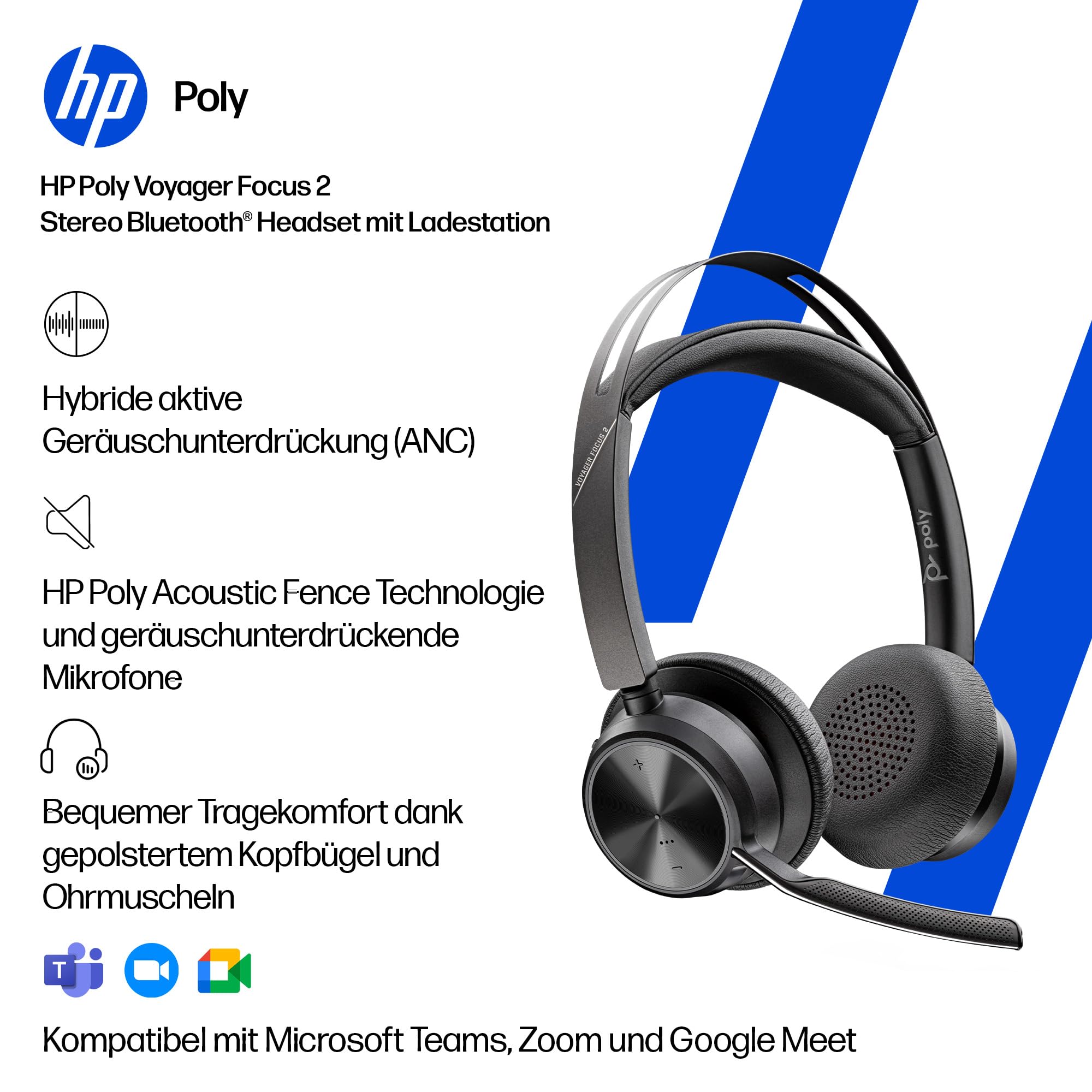 Poly Voyager Focus 2 USB-C Headset mit Ladestation und USB-A/C Adapter – Bluetooth, ANC, Acoustic Fence Technologie, bis zu 25 Stunden Sprechzeit (Generalüberholt)