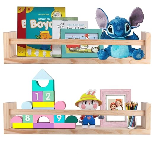 Dixryaus Wooden Floating Bookshelf, Wall Shelving, 2 PCS (Pine), Suitable for Children's Bedroom Bookshelf, Kitchen Spice Rack, Bathroom Decorative Wall Shelving.