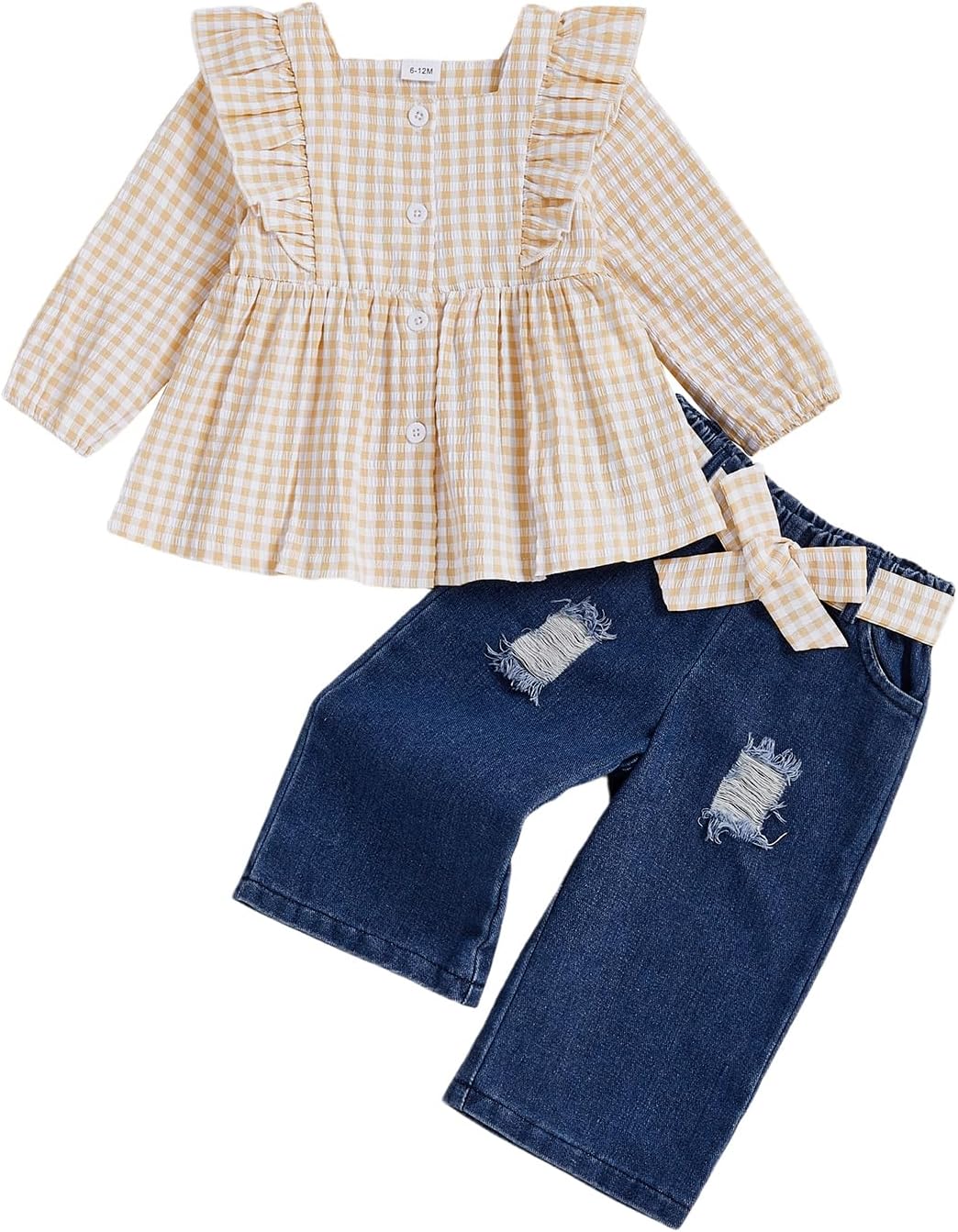 Jean Pants Set for Toddler Baby Girl Fall Two Piece Outfit Long Sleeve Ruffle Plaid Top Ripped Denim Trousers