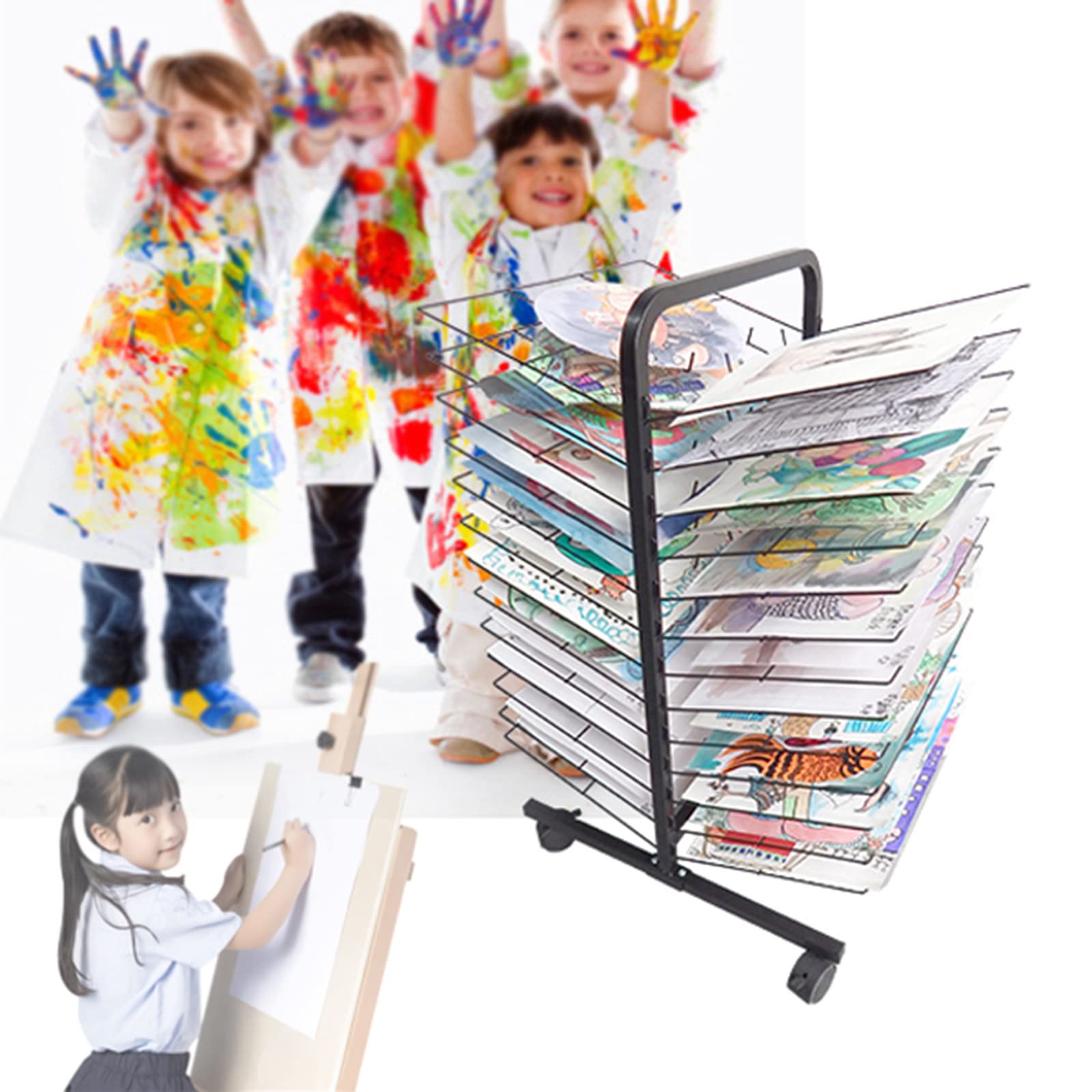 Séchoir À Tableaux Mobile en Métal, Simple Ou Double Face, Idéal pour Les Écoles Et Les Clubs d'art. Séchoir À Tableaux À 4 Roues pour La Peinture Et Les Loisirs Créatifs-B
