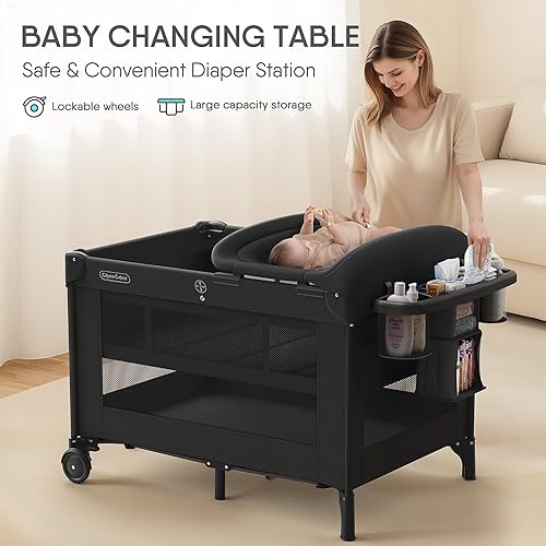 Miniatura 5 de Corralito 4 en 1 para bebé con moisés, nido para dormir, cambiador, red anti mosquitos y dosel, almacenamiento y juguetes para recién nacidos a