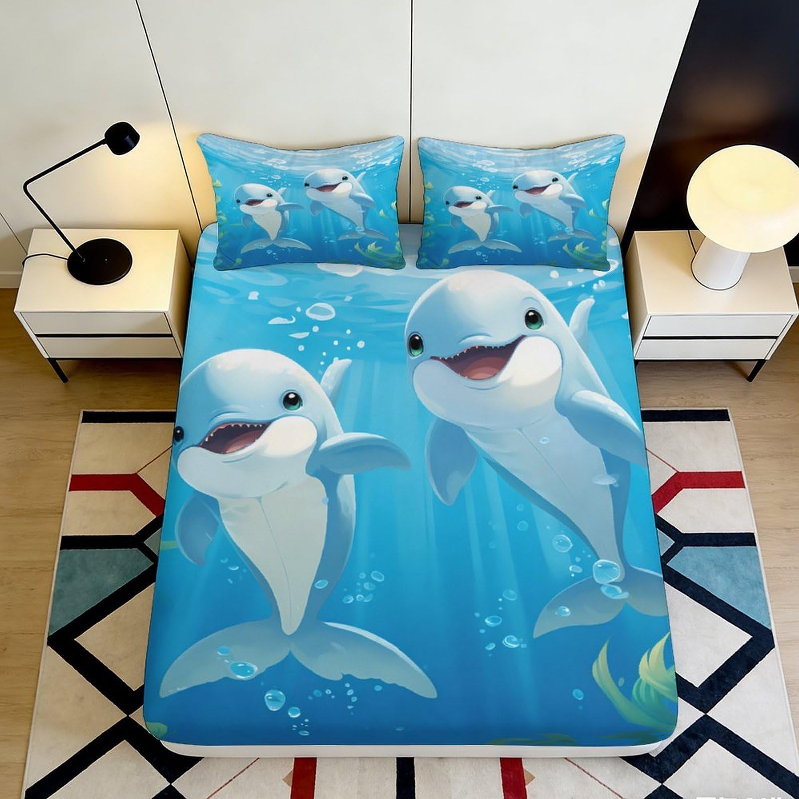 3D Printed Dolphin Ocean Blue Fitted Sheet Microfiber Soft Non-Slip Mattress Cover for Bedroom Dorm Easy Care 90x200x25cm