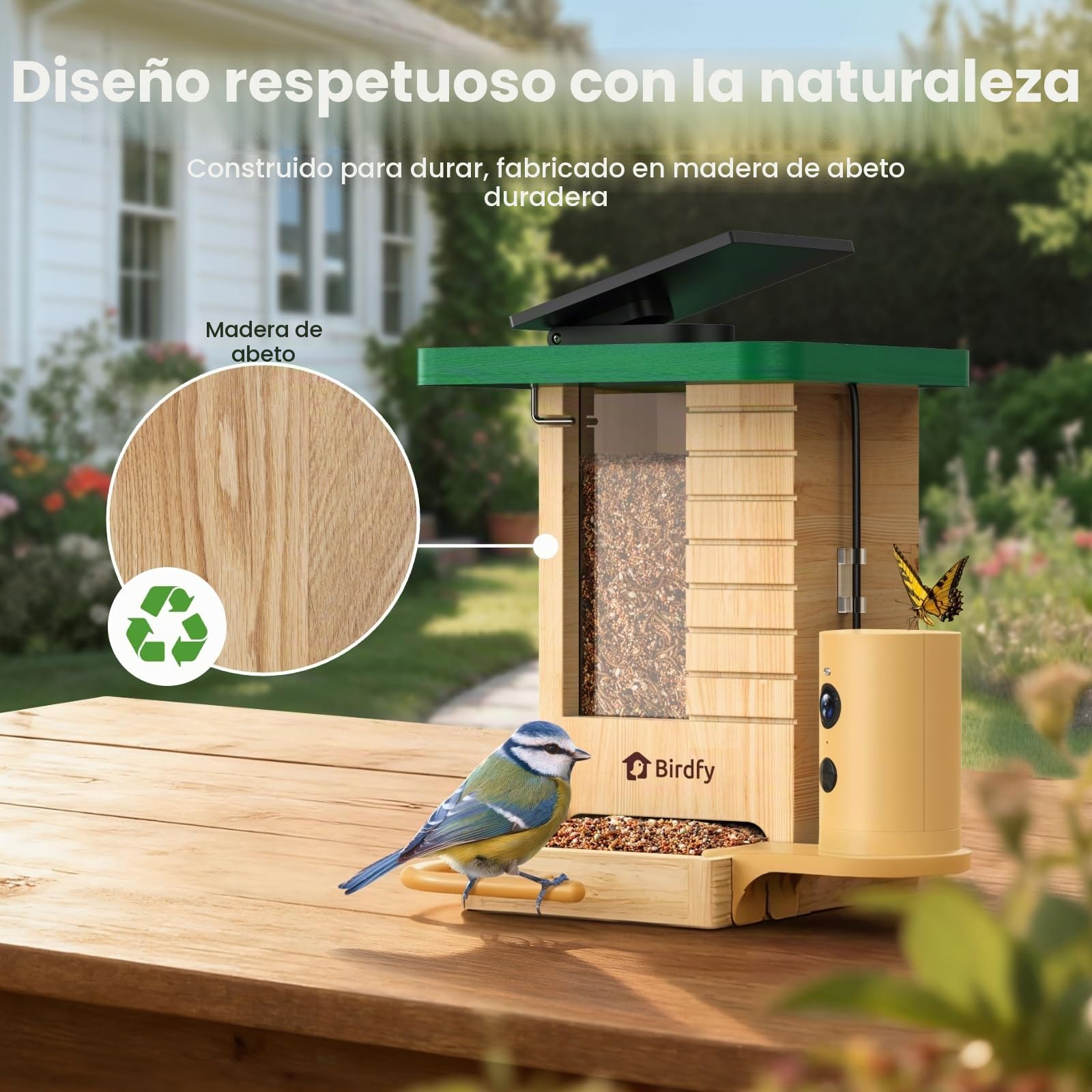 Smart Bird Feeder with Camera, Birdfy Bird Feeder Made of Wood, Solar Powered, AI Detection for 6000+ Bird Species, 1080P Portrait, Weatherproof, App Live View, Youtube & Facebook Streaming