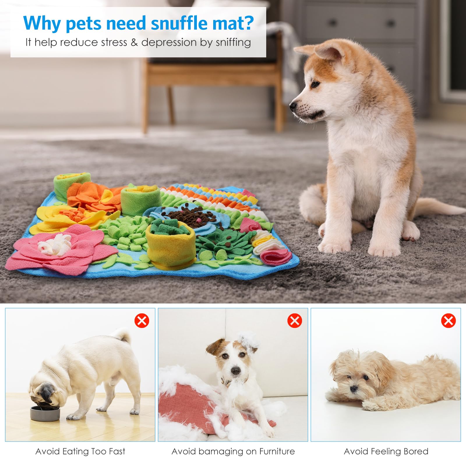 AMIR Snuffle Mat for Dogs, Sniff Mat Slow Feeding Mat, Encourages Natural Foraging Skills, Slow Eating, Help Stress Relief and Training, Dog Puzzle Toys, 15 inch