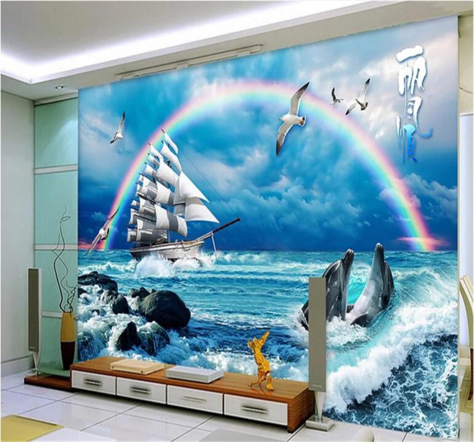 Xlming 350Cm×256Cm(B×H) Summer Seascape Rainbow Sailboat Dolphin 3D Wallpaper Luxury Silk Study Dining Feature Sofa Grey Bedroom Living Room Tv Decorative Wall-350Cm×256Cm