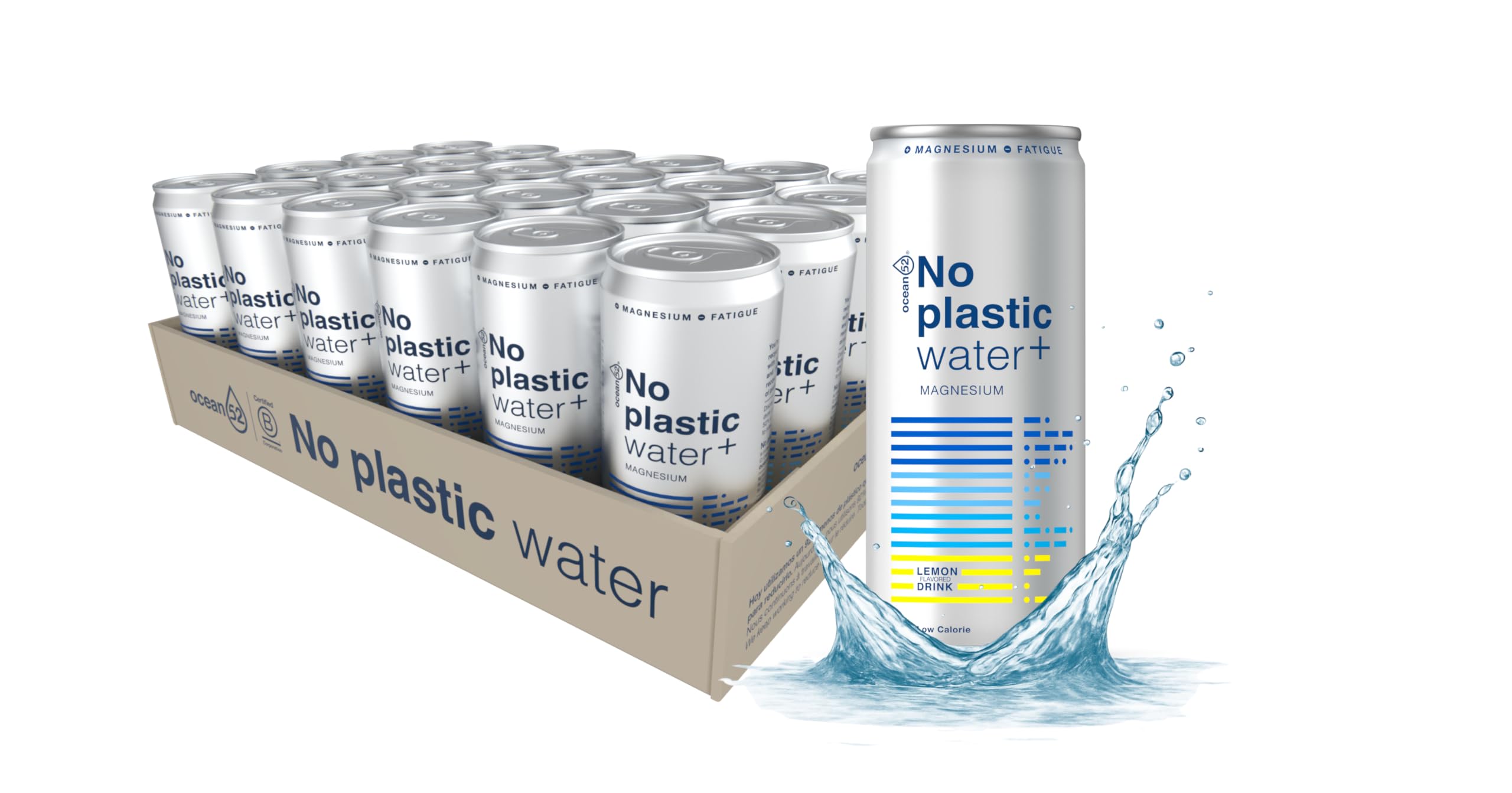 Agua en lata No Plastic Water de Ocean52. Agua Mineral Natural con Limón y Magnesio - Pack 24 unidades x 33cl. Agua en packs de 24 latas de 33cl. Agua mineral en lata x 24.