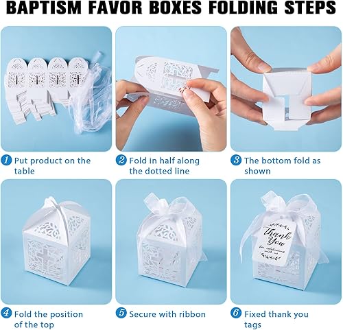 Miniatura 4 de El juego de 100 recuerdos de bautismo incluye 25 piezas de mini rosario, cajas de regalo de bautismo cortadas con láser, bolsas de organza blanca