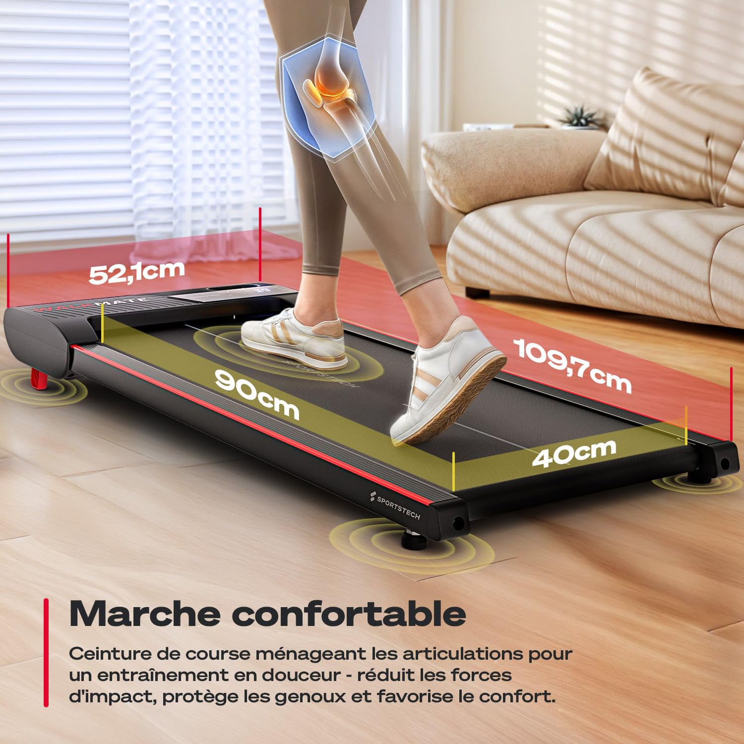 Sportstech Walking Pad Jusqu’à 6 km/h – Inclinaison Manuelle Jusqu’à 5 %, télécommande et Commande Via appli, écran LCD, podomètre, léger et Compact, roulettes de Transport, WalkMate Jusqu’à 120 kg
