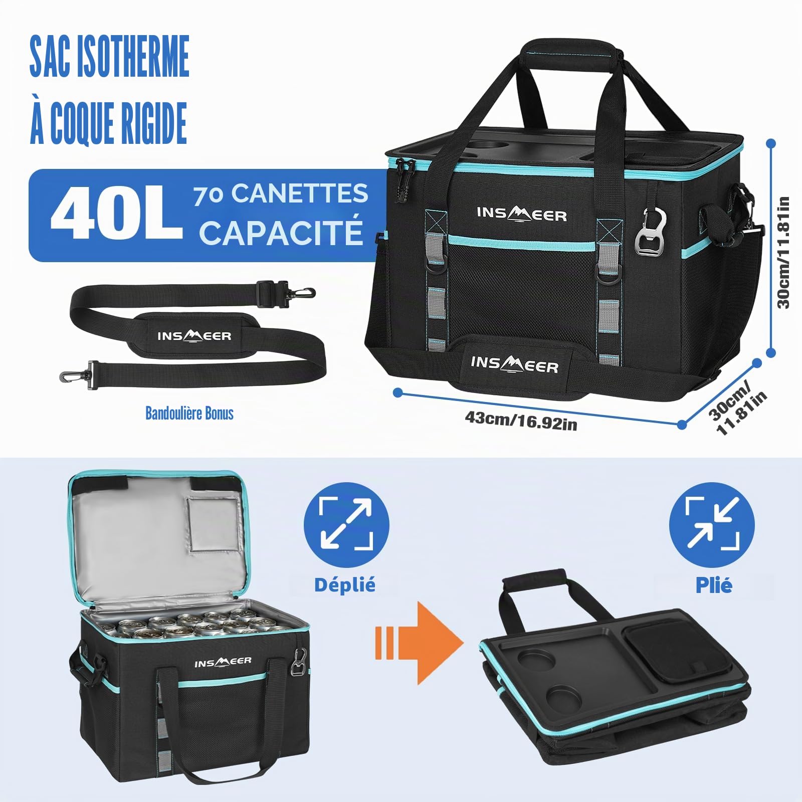 INSMEER isotherme Sac rigide de 40 l/60 canettes, avec tasse supérieure et ouvre-boîte, pour camping, pique-nique, plage