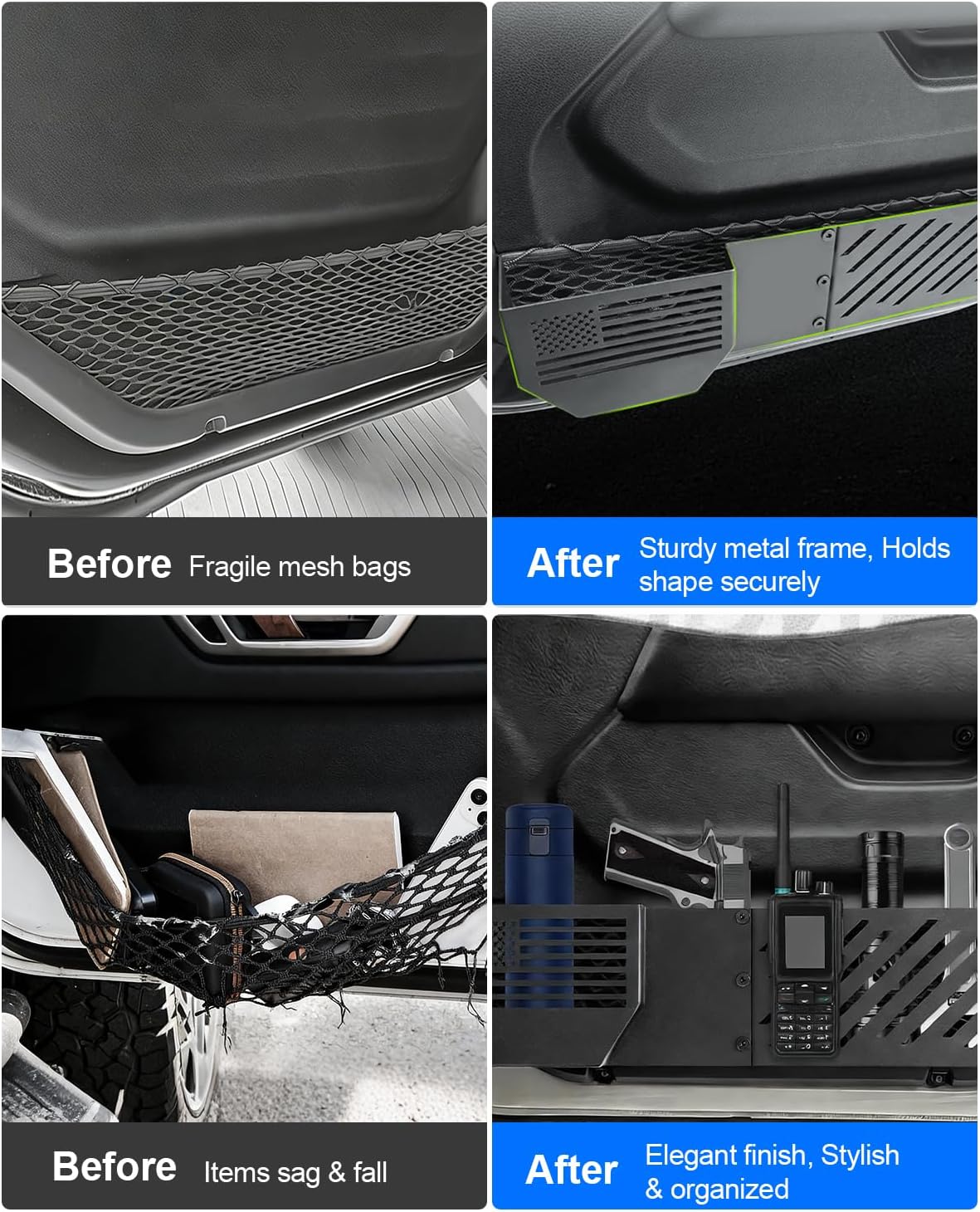 Door Pocket Storage Box for Jeep Wrangler JL JLU 4XE 2018-2025 & Gladiator JT 2020-2025 Accessories No-Drill Metal Front Door Heavy-Duty Metal Door Pockets Organizer Not for Power Seats