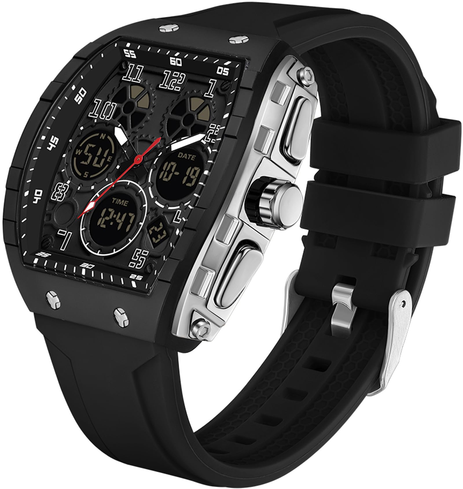 findtime Orologio rettangolare da uomo, design alla moda, creativo, digitale, analogico, al quarzo, con timer doppio, cronometro 5 ATM, impermeabile, bianco