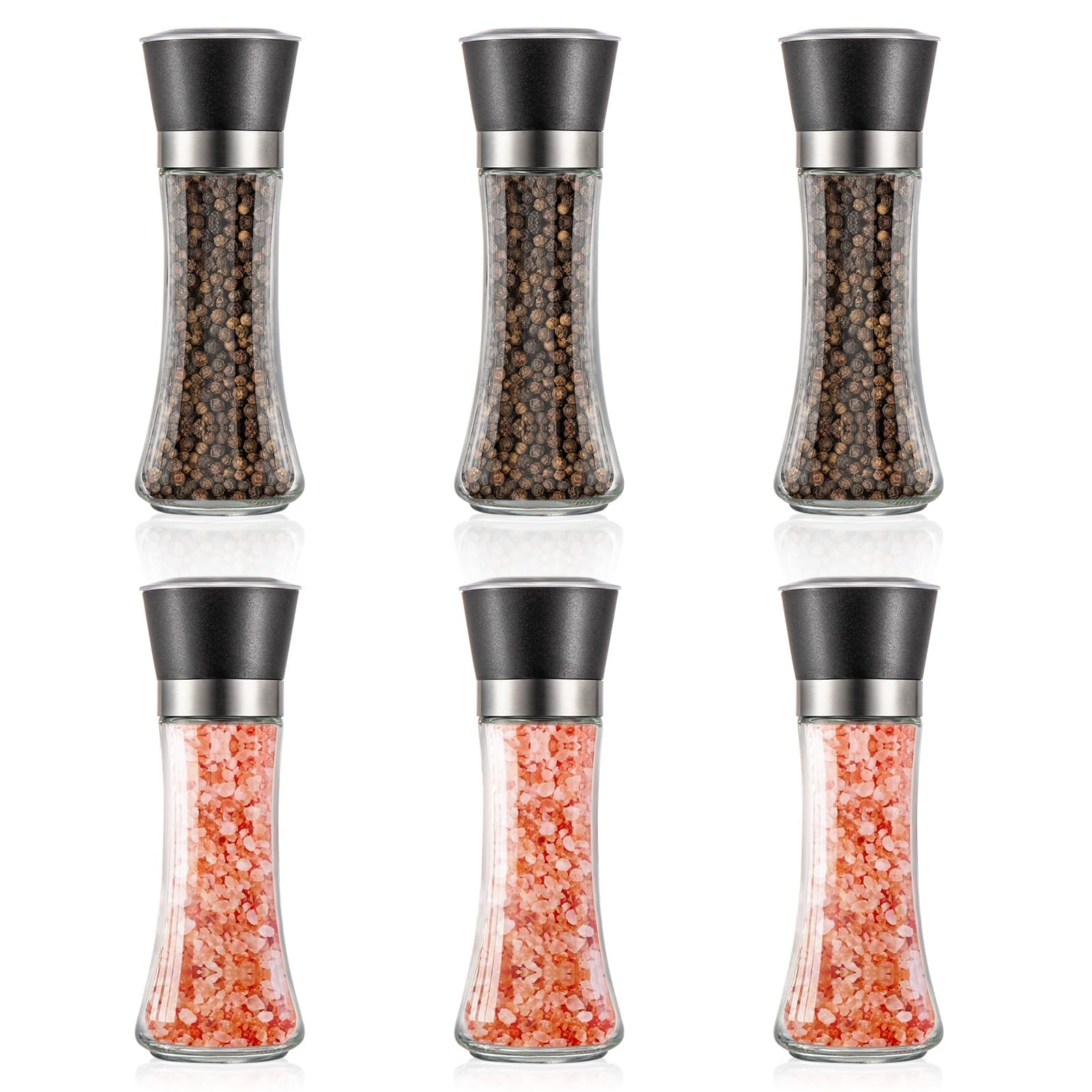 SUNNYNEST 6 Pack Salt and Pepper Grinder Set, 200ml Plastic lid Adjustable Coarseness Coarse & Fine Salt Shakers, Premium Ceramic Glass Body Salt and Pepper Mills