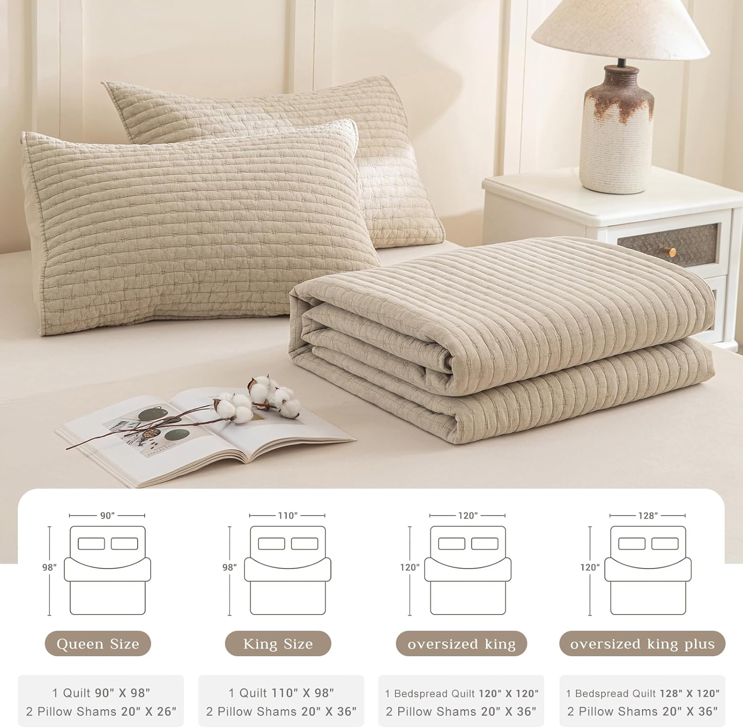 CozyTide Oversized King Quilt 120x120,Stone-Washed Cotton Wheat Oversized King Bedspread,3 Pieces Lightweight Ultra Soft California King Coverlet Set for All Season - Image 7