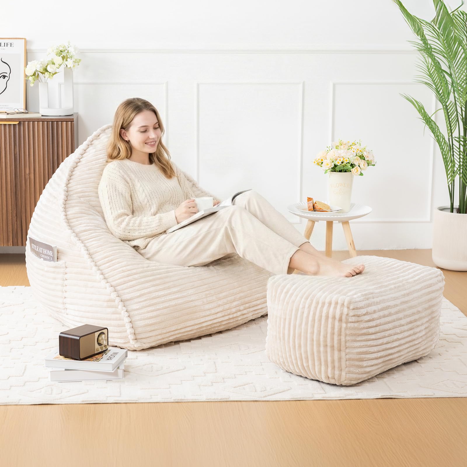 Vamcheer Sitzsack Erwachsene mit Hocker XXL Beige Bean Bag Chair Flauschiger Flanellstoff