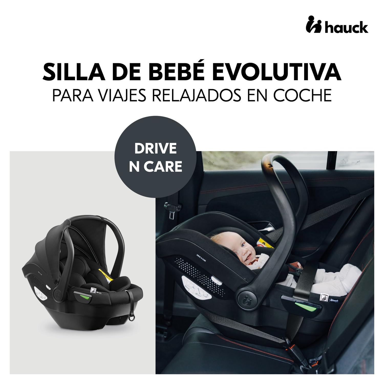 hauck Silla Coche Bebe Grupo 0 Drive N Care - Portabebés i-size con Reductor de Asiento Recien Nacidos - Arnés y Reposacabezas Ajustable - Apto desde el Nacimiento - Negro