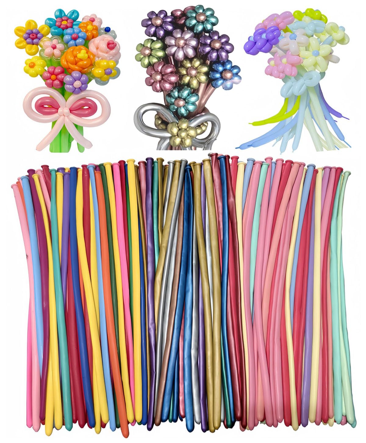 1000 Pcs 260 Balloons 3 materials Include 600 Pcs Matte 200 Pcs Metallic and 200 Pcs Pastel Long Balloons Used to create a variety of shapes