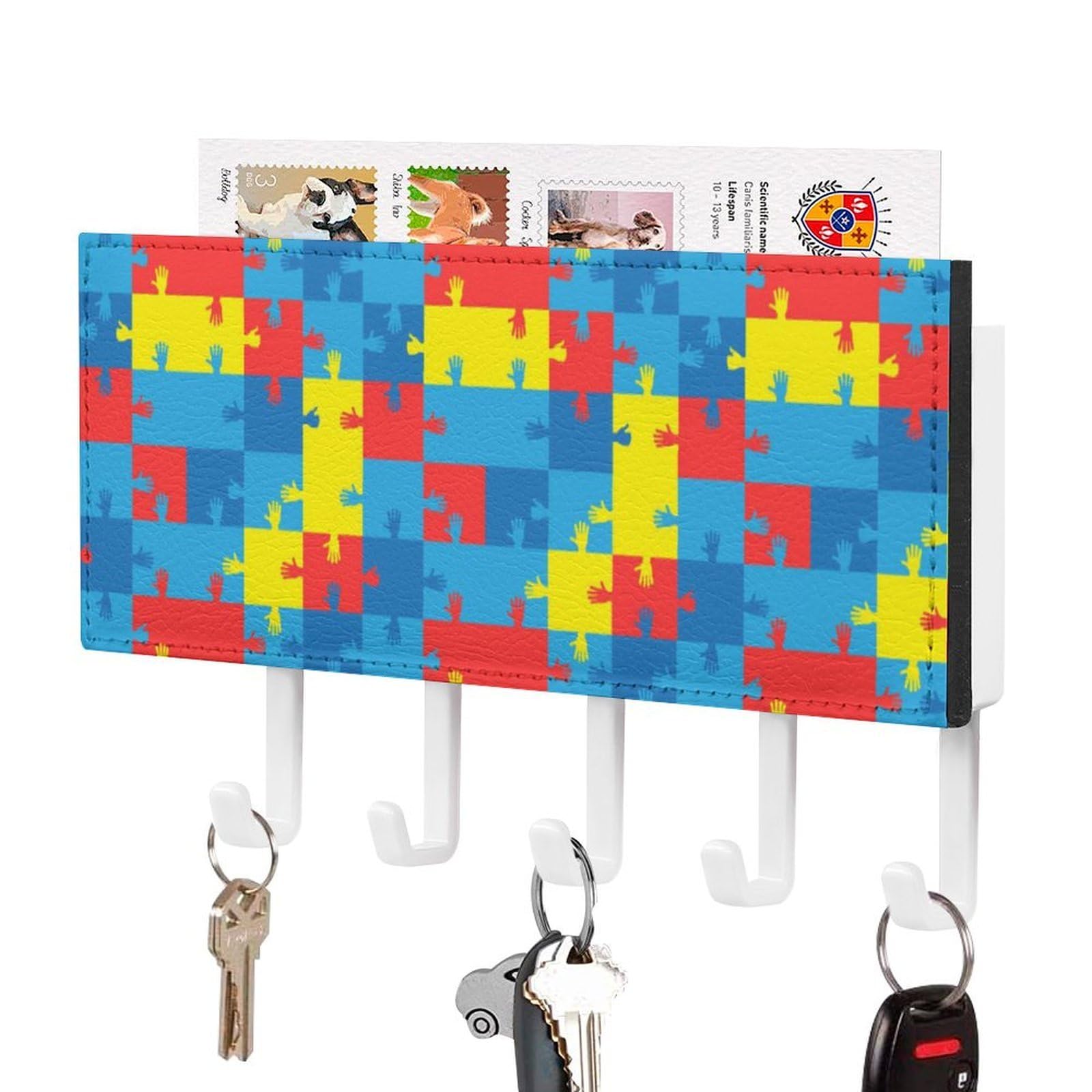 NCLQVJXZKHW Symbol of Autism Puzzles and Hands Key Holder with 5 Hooks Key Hooks Wall Mounted Key Racks Key Hanger Organiser Shelf