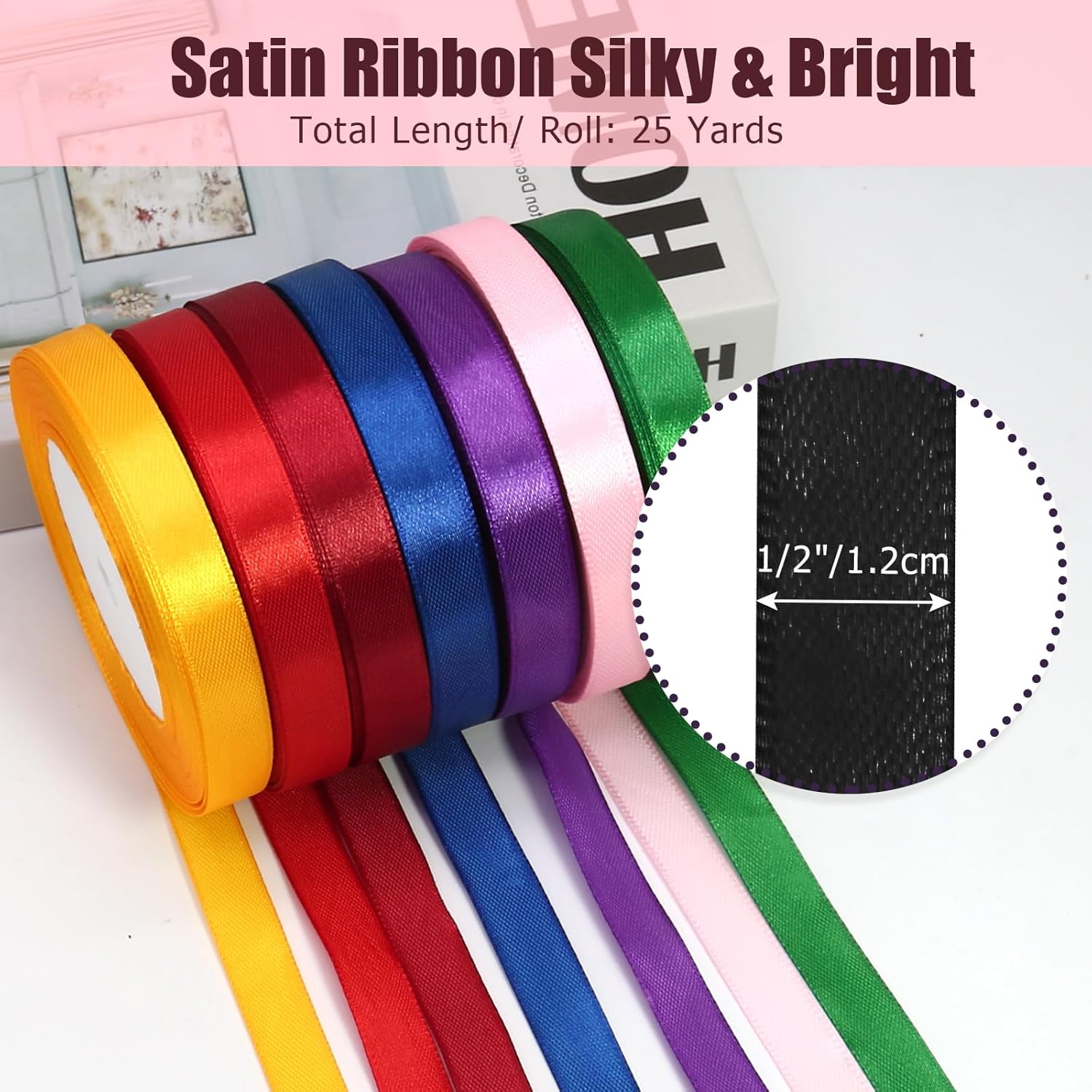 Luomorgo 1/2 Inch Satin Ribbon, 25 Yards Black Satin Ribbon, Fabric Ribbon for Gift Wrapping, Flower Bouquet, DIY Craft, Sewing, Wedding, Birthday Party Decorations - Image 2