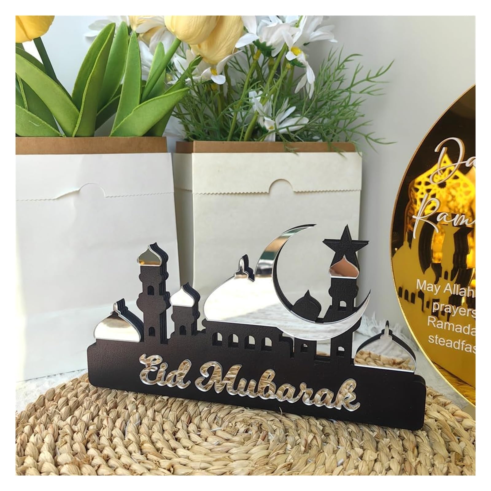 Ozdoby ramadanowe na domowy stół, Ramadan Kareem Dekoracja stołu Drewniana akrylowa dekoracja Eid Mubarak(Silver B,L)