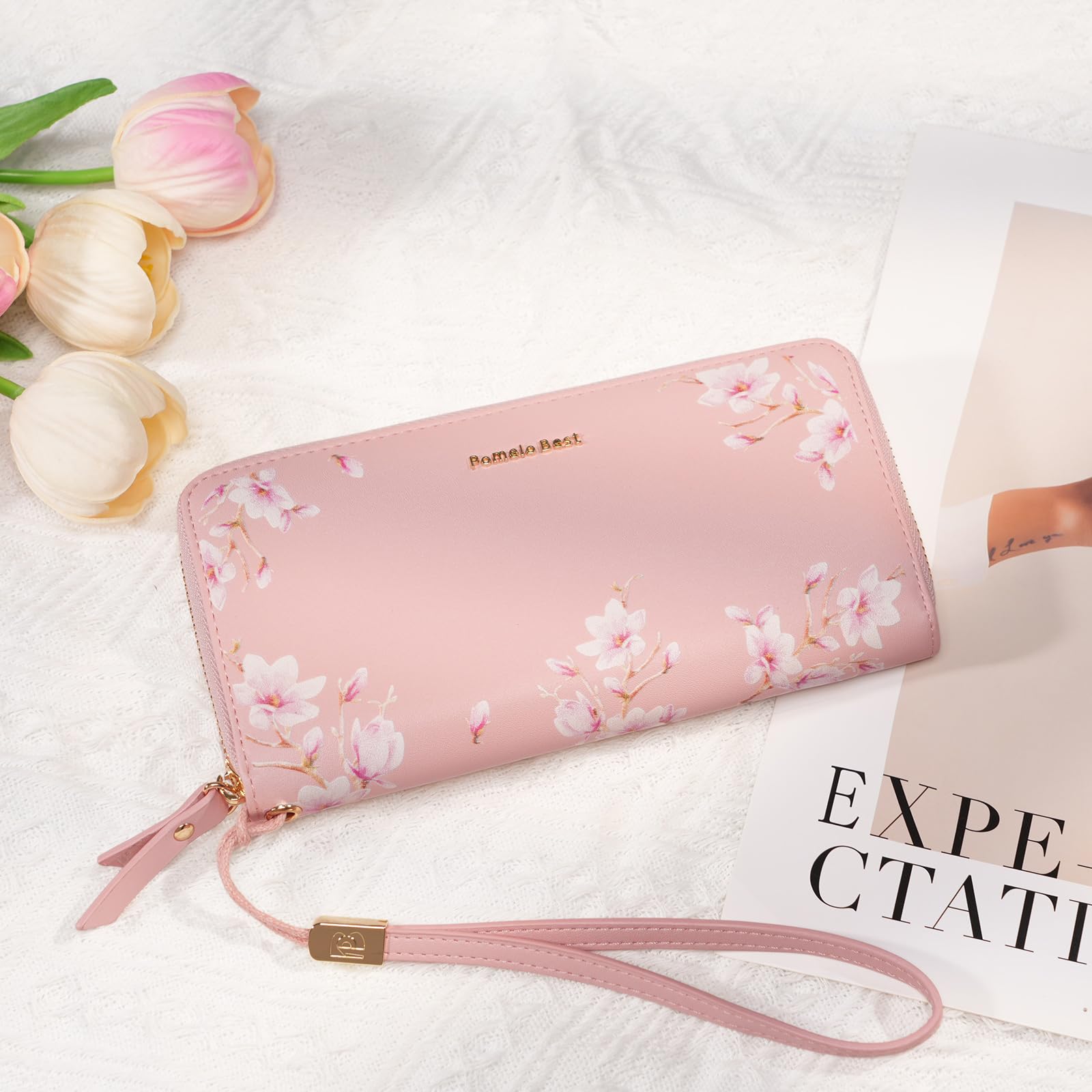 Pomelo Best Portefeuilles Femme en Cuir PU Porte Monnaie Zippé Téléphone Portabe en Fleur Primé avec Courroie de Poignet - RFID Blocage Cadeaux pour Femmes Filles