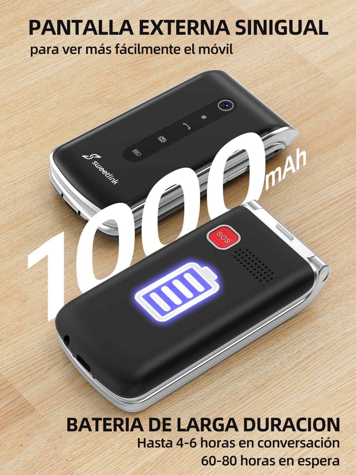 SweetLink F1 Teléfono Móvil para Personas Mayores con Tapa, Teclas Grandes y Volumen Alto, Botón SOS, Bateria 1000mAh, Doble SIM, Pantalla 2,4", Incompatible con lowi/Movistar/Digi/Vodafone