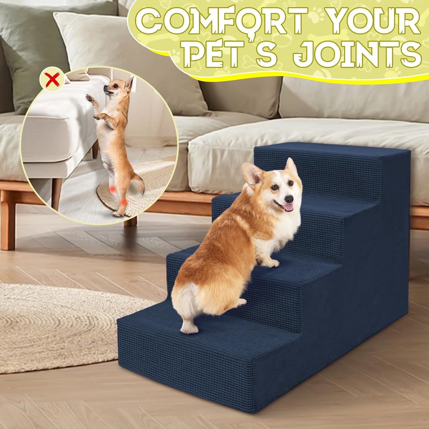 Niubya Dog Stairs for Small Dogs and Cats,18'H Non-Slip Bottom Pet Steps for High Beds and Couch,High-Density Foam Pet Stairs Navy,4 Steps