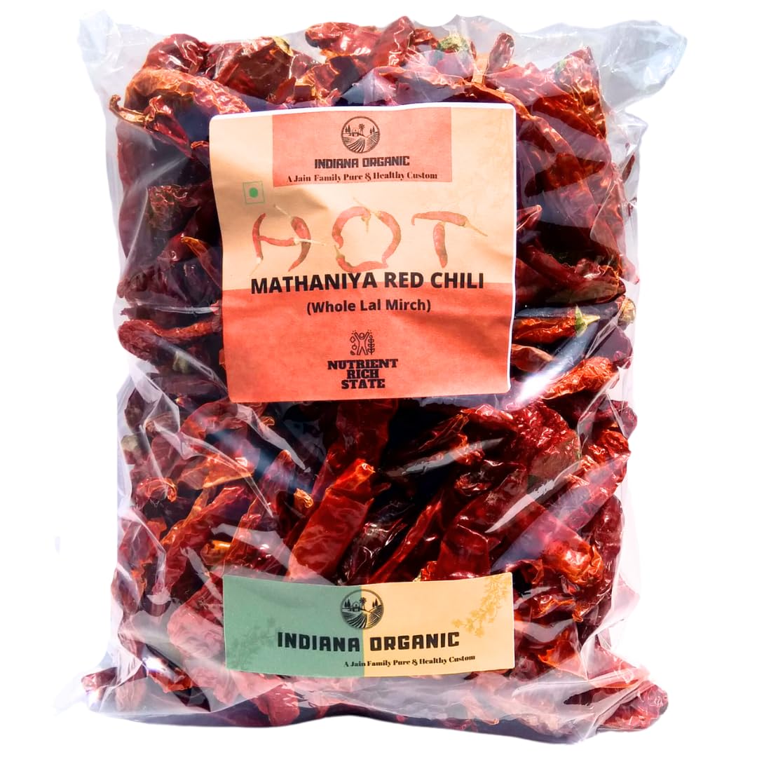 Indiana Organic Mathania Whole Red Chili - 400 gram | Rajasthani Mathania Whole Mirch, Sabut lal mirch, Stemless, 400 gram (NEW HARVEST 2024 OCT)