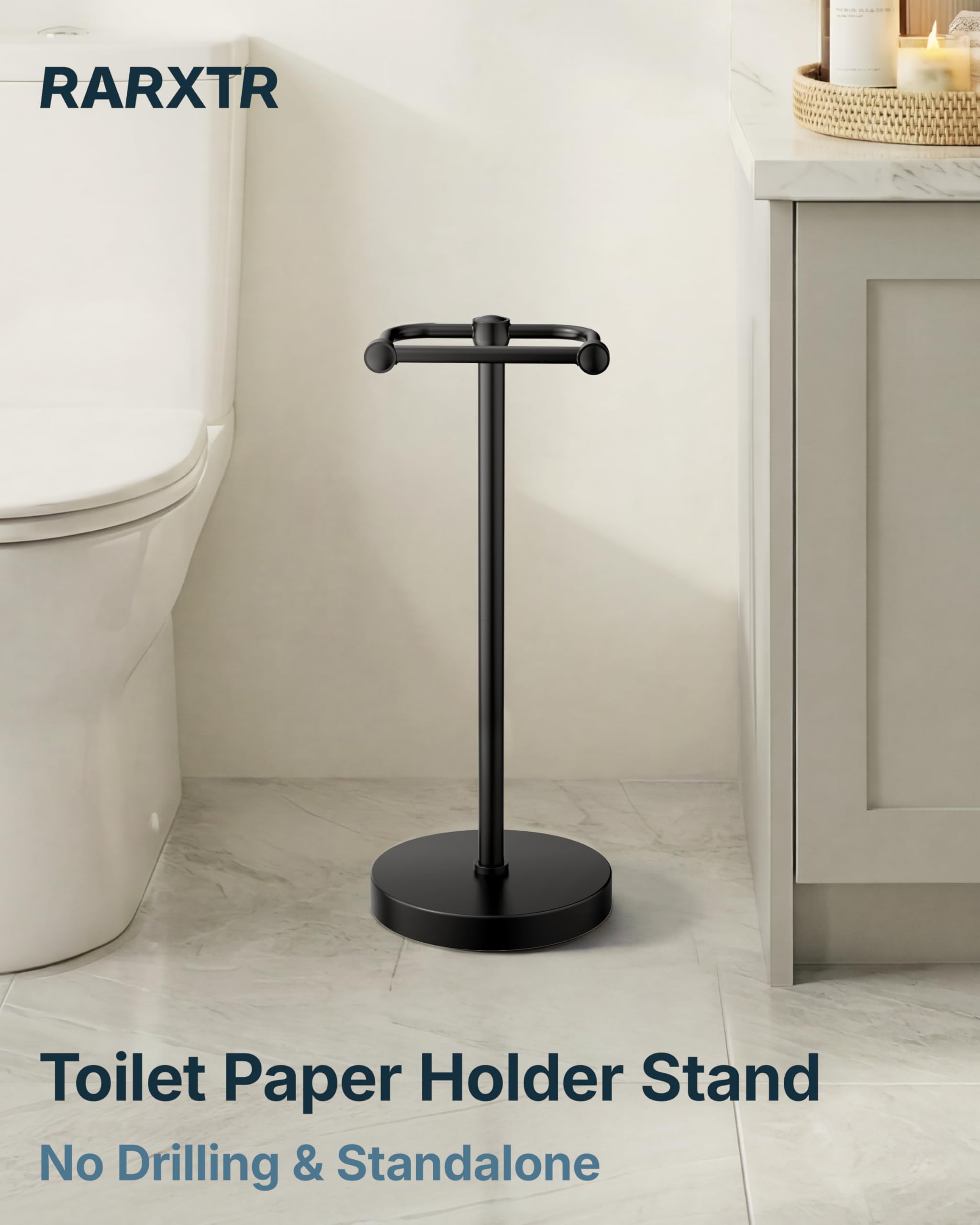 RARXTR Toilet Paper Holder Stand, Modern Bathroom Free Standing Toilet Paper Roll Holder, Stainless Steel Tissue Rack, Rust-Proof & Heavy Stable Base (Matte Black) — Amazon image 2