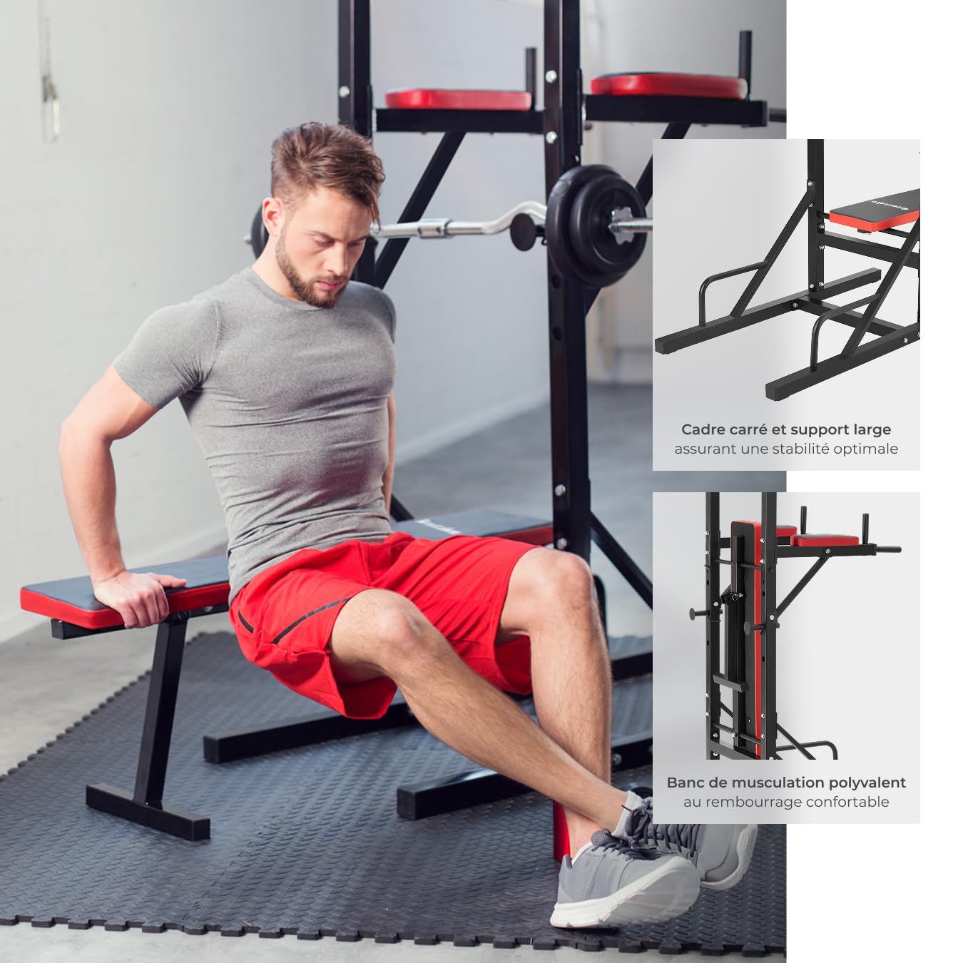 tectake® Station de Musculation Cage de Musculation Banc de Musculation Pliable Barre de Tractions Appareil Musculation Banc d'haltères Barre Musculation Sport Maison Fitness 180 x 95 x 210 cm