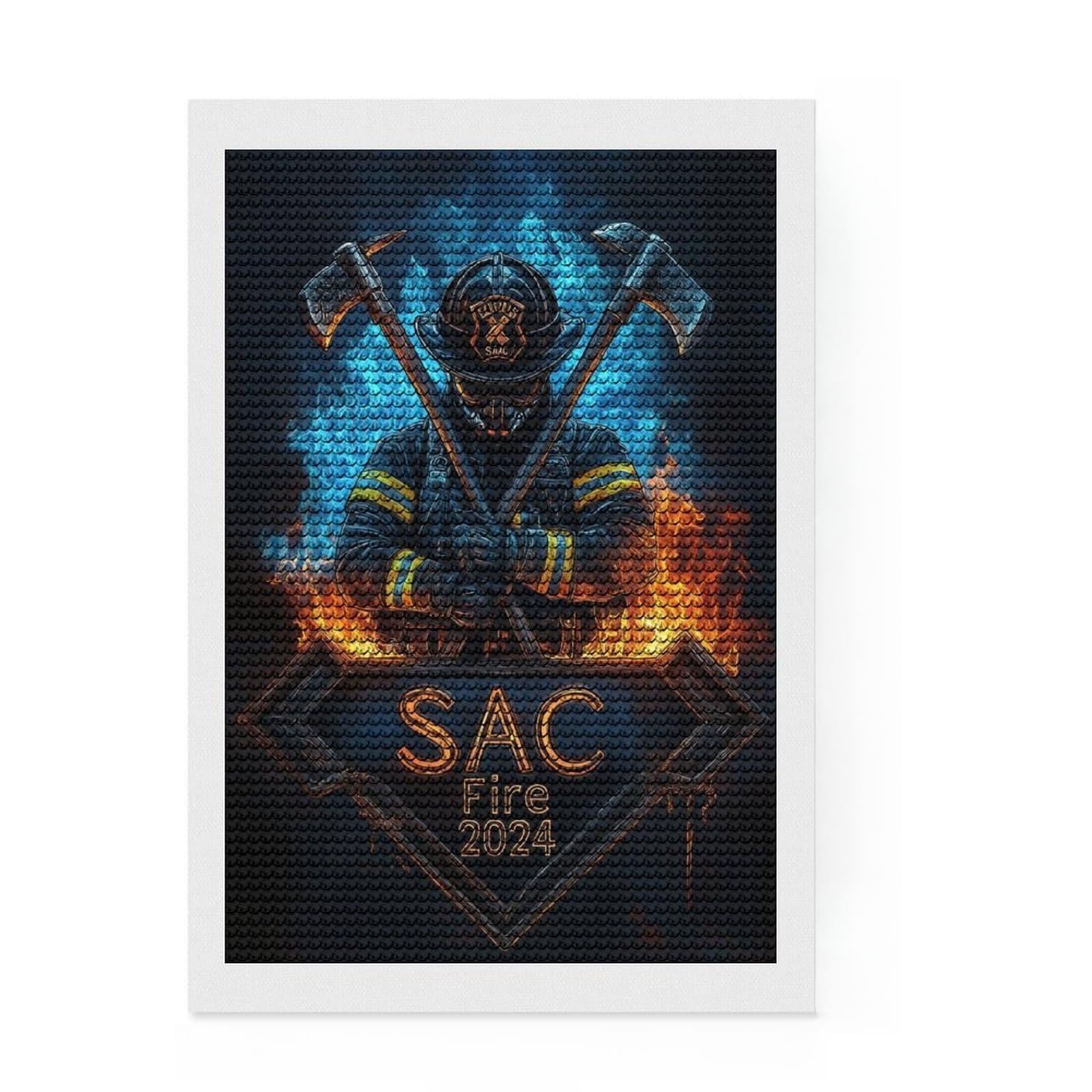 Junmoney Firefighter with Axes Diamond Art Canvas 8"x12", Home Wall Decor, for Craft Lovers, Stress Relief Craft, Holiday Gift Idea