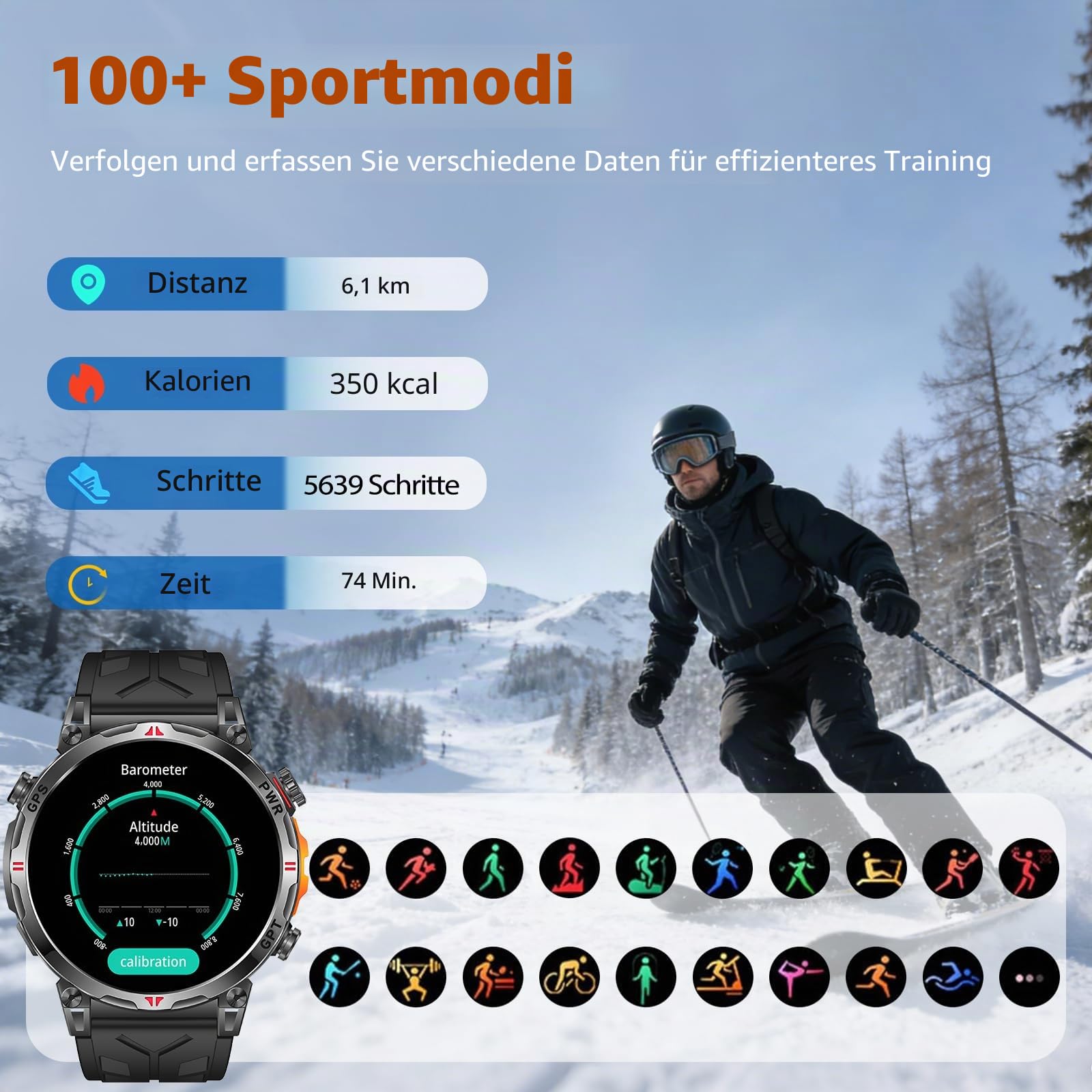 Smartwatch Herren mit GPS, Kompass, Bluetooth-Anruf, 1,56'' Amoled Bildschirm, Fitnessuhr mit 107 Sportmodi Sportuhr für iOS/Android, AI-Zifferblatt, IP68 Wasserdicht, Schlaftracking, Multifunktional