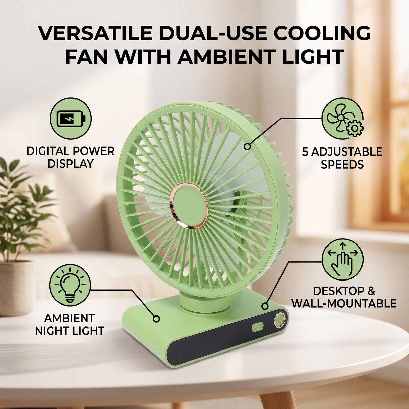 XUMIUZIY Kompakter Wandventilator mit Licht, 5 Geschwindigkeiten, Einstellbare Kühlung für Wohnheim, Büro, Kleiner Raum, 16,7 X 9 X 21,5 Cm