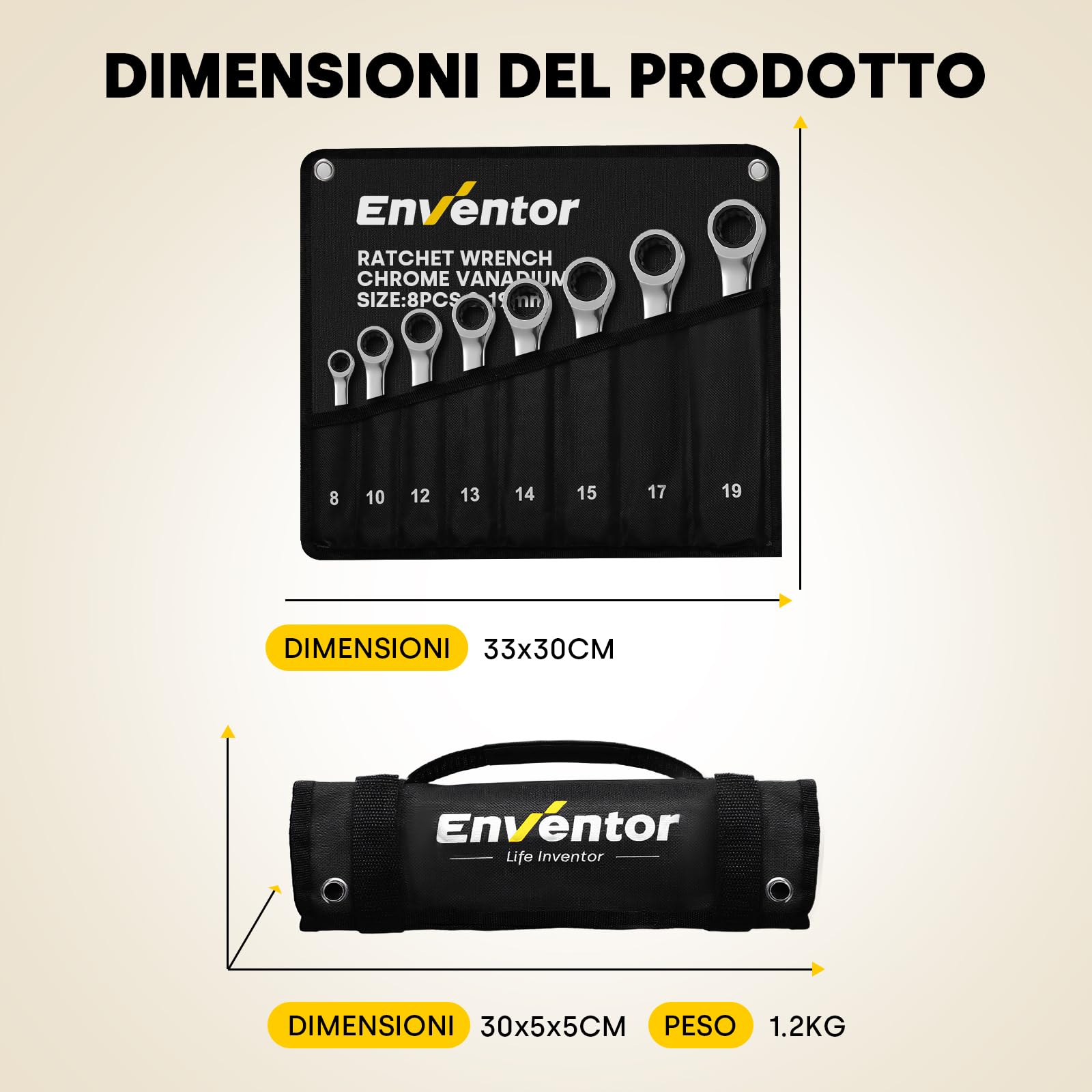 Enventor Set Chiavi a Cricchetto 8 Pezzi, Chiave a Cricchetto da Metrico 8mm a 19mm, Acciaio al Cromo Vanadio, 72 Denti, Testa Fissa, Arco di Rotazione a 5°, Set Chiavi Inglesi con Borsa
