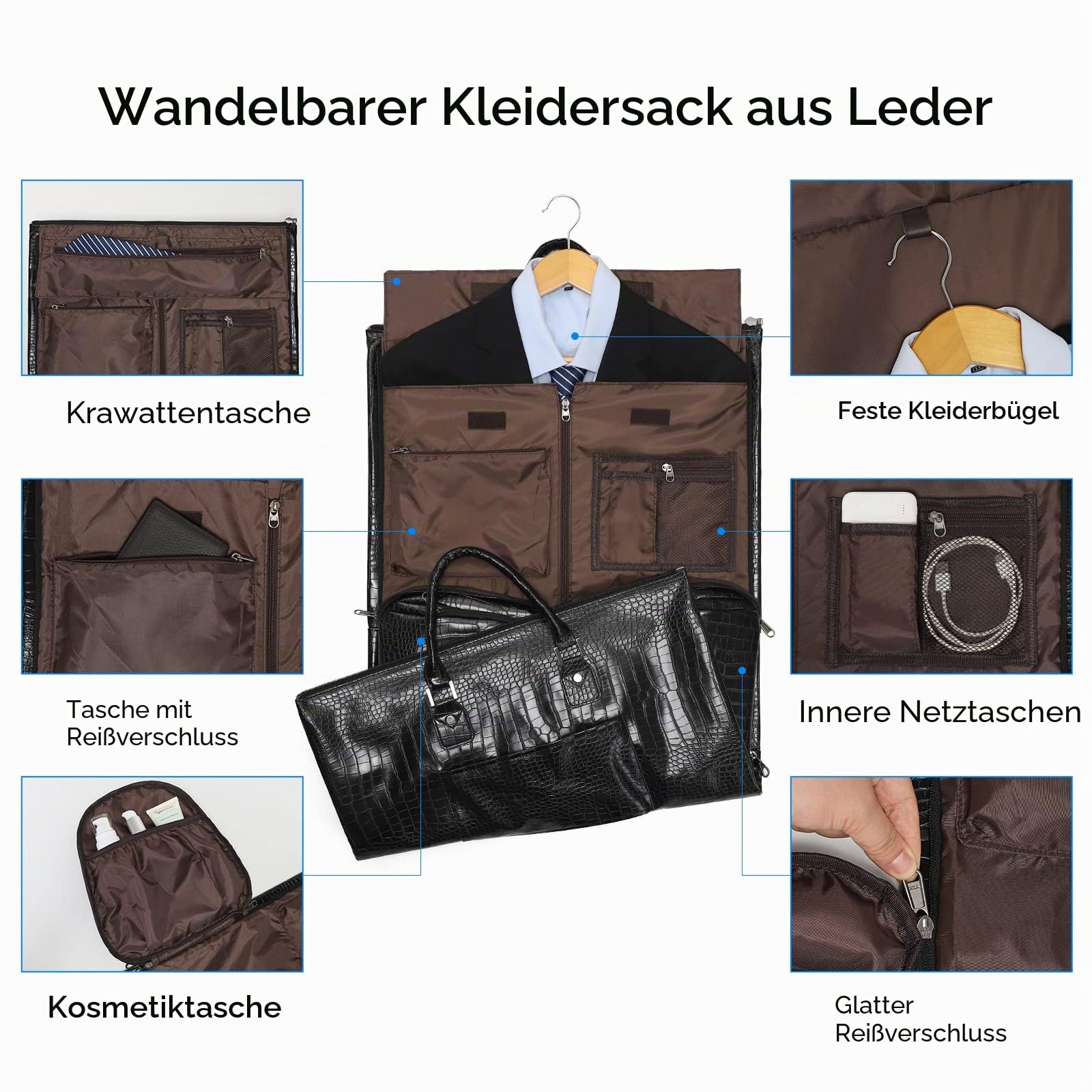 Modoker Umwandelbarer Kleidersack aus Leder, anthrazit/schwarz, Einheitsgröße, Umwandelbarer Kleidersack