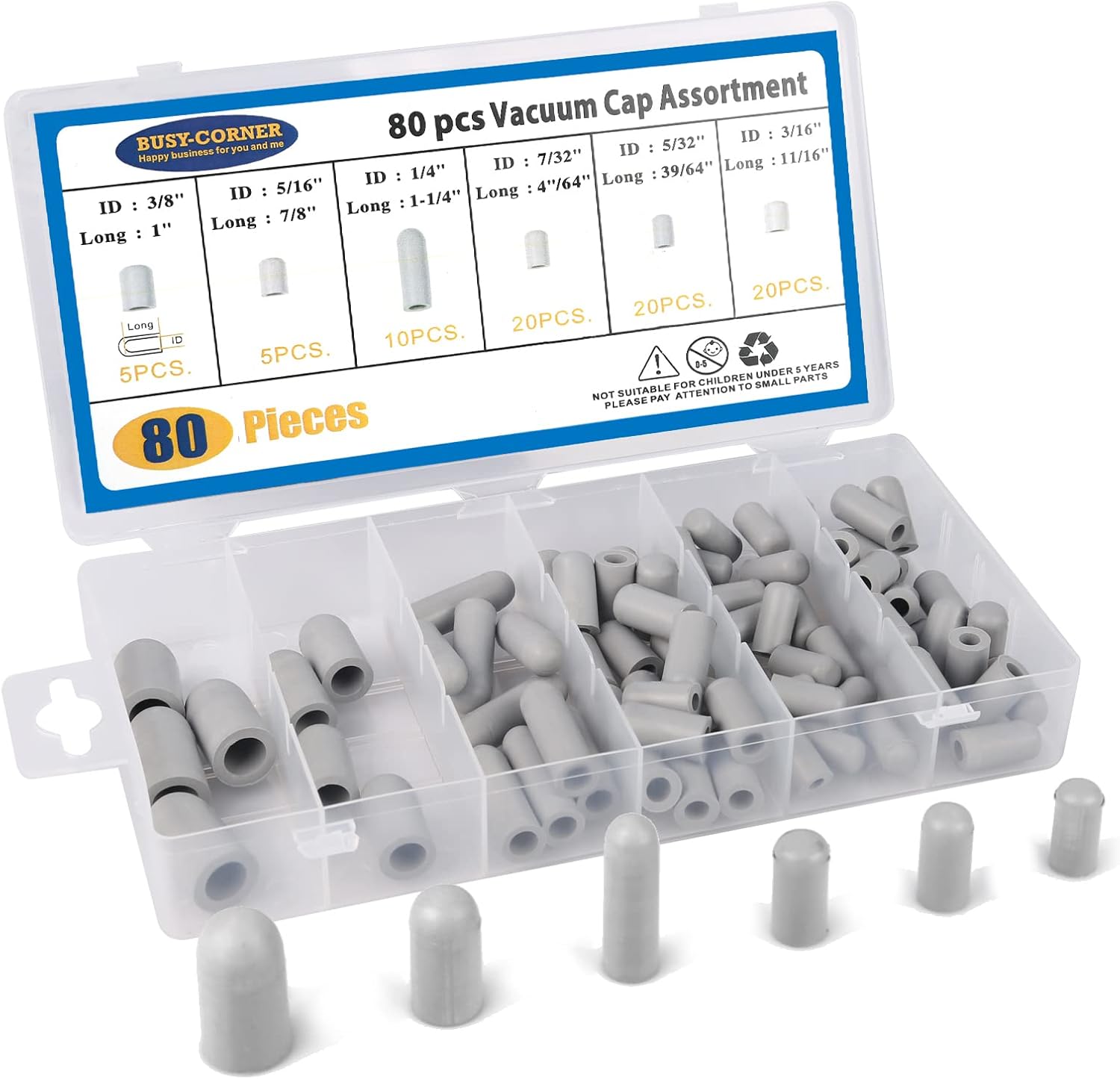 BUSY-CORNER 80 Pieces Vacuum Cap Assortment, Rubber, Dropper ID from 5/32" to 3/8" Sizes, Hose Caps Kit for Carburetor, Manifold (Gray)