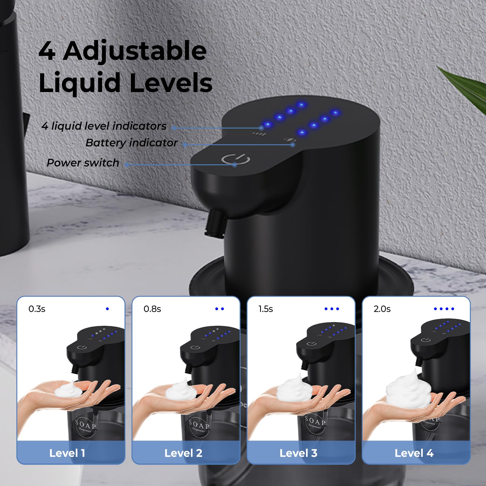 Dispenser Sapone Automatico a Schiuma, Senza Contatto con Sensore, 400ml Grande Capacità, 4 Livelli Regolabili, Ricarica USB-C, Impermeabile IPX5 per Bagno, Cucina, Hotel e Ufficio (Nero) - 4