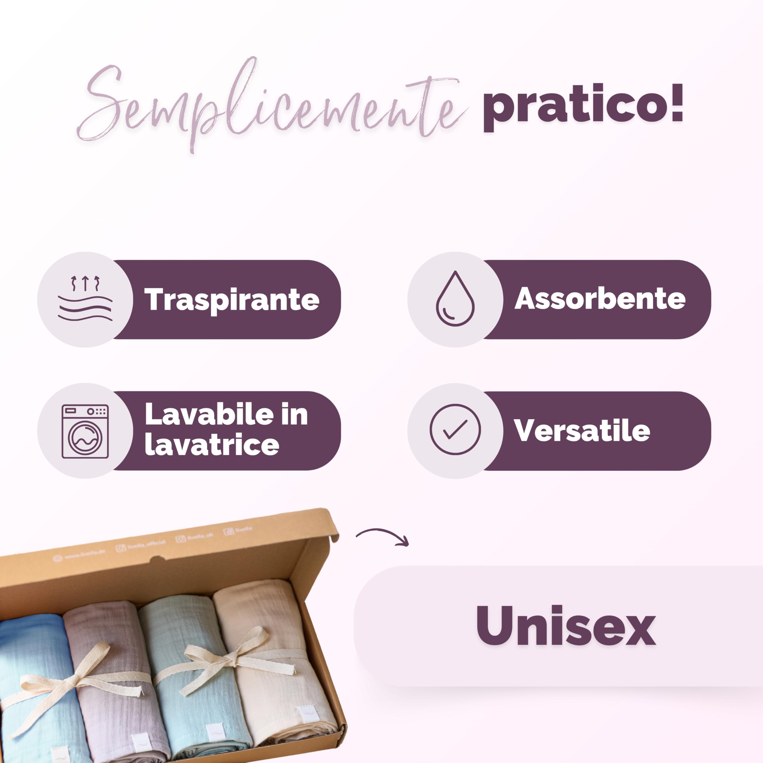 Livella | Mussola neonato doppio strato 65x65 cm in cotone bio – Confezione da 4 bavaglini – Telo in mussola assorbente e traspirante, ideale per pulire e asciugare