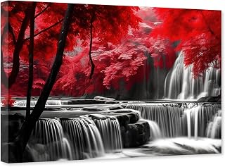 ARTZGX Black White Waterfall Canvas Wall Art Red Forest Pictures Wall Autumn Landscape Painting for Living Room Decor Frame(Red 12.00" x 18.00")